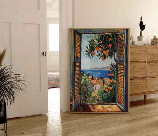 An impressionistic painting capturing a vibrant coastal view through an open window with orange louvered shutters. An orange tree laden with ripe fruit and lush green leaves frames the top right of the window. Beyond the window, a brilliant blue sea stretches to the horizon, meeting a distant coastline with buildings. In the midground, a terracotta-roofed building is nestled among vibrant green and yellow foliage. The brushstrokes are loose and expressive creating a dynamic and bright atmosphere