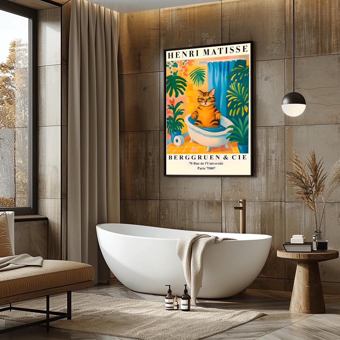 Funny Tabby Cat Bath Art Print, Matisse Style Bathroom Wall Decor, Pink Dopamine Mid Century Modern Illustration