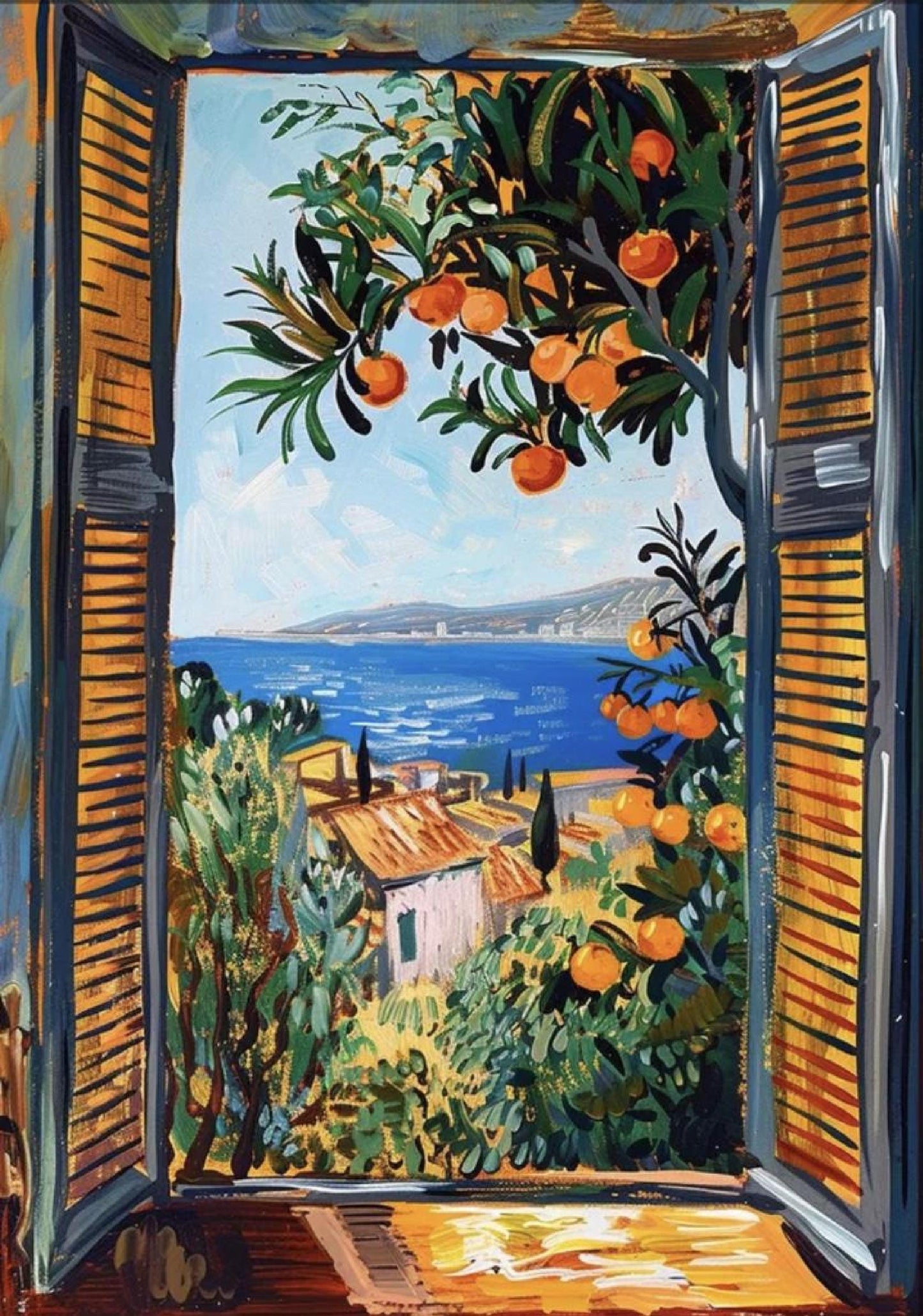 An impressionistic painting capturing a vibrant coastal view through an open window with orange louvered shutters. An orange tree laden with ripe fruit and lush green leaves frames the top right of the window. Beyond the window, a brilliant blue sea stretches to the horizon, meeting a distant coastline with buildings. In the midground, a terracotta-roofed building is nestled among vibrant green and yellow foliage. The brushstrokes are loose and expressive creating a dynamic and bright atmosphere
