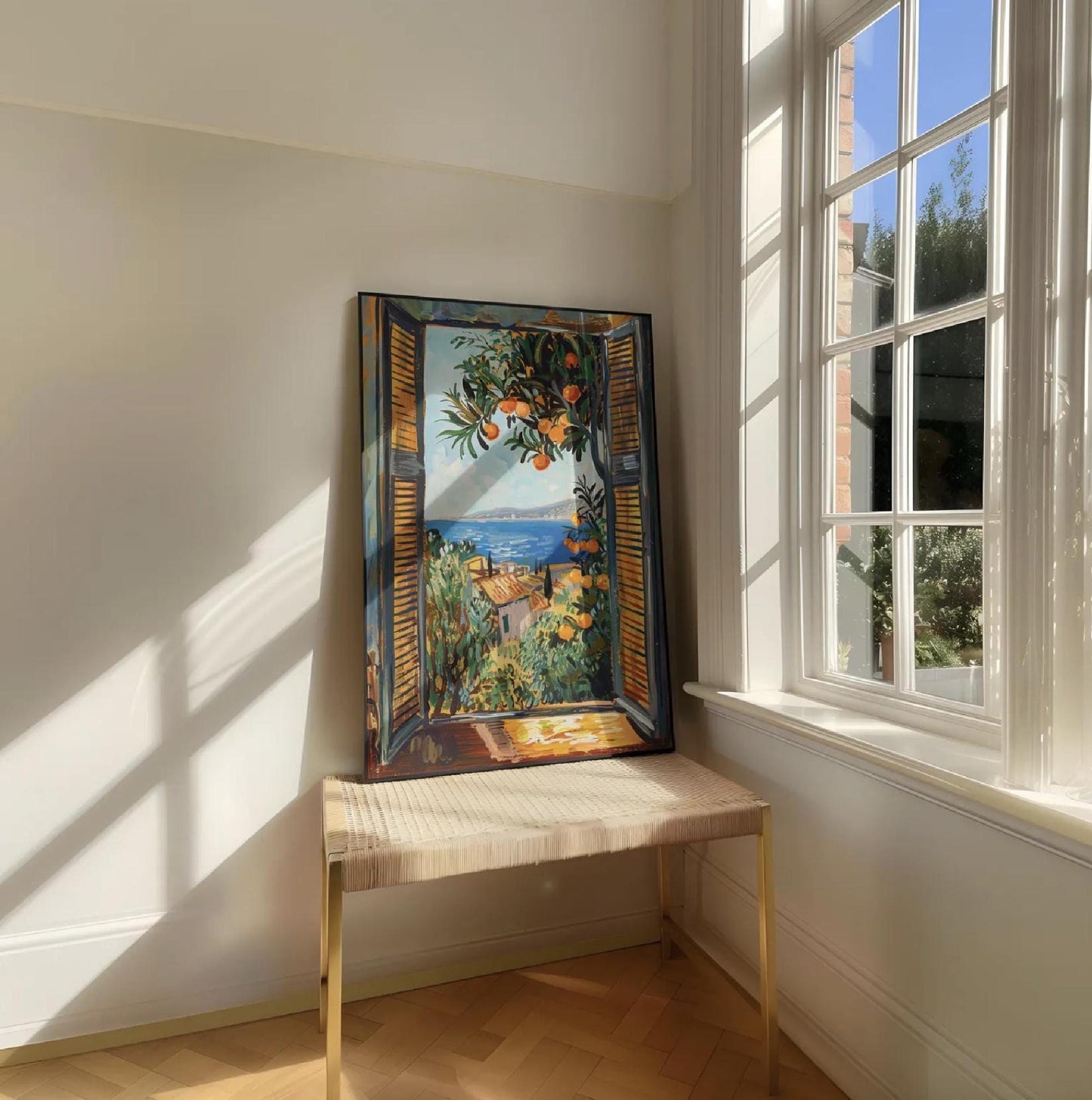 An impressionistic painting capturing a vibrant coastal view through an open window with orange louvered shutters. An orange tree laden with ripe fruit and lush green leaves frames the top right of the window. Beyond the window, a brilliant blue sea stretches to the horizon, meeting a distant coastline with buildings. In the midground, a terracotta-roofed building is nestled among vibrant green and yellow foliage. The brushstrokes are loose and expressive creating a dynamic and bright atmosphere