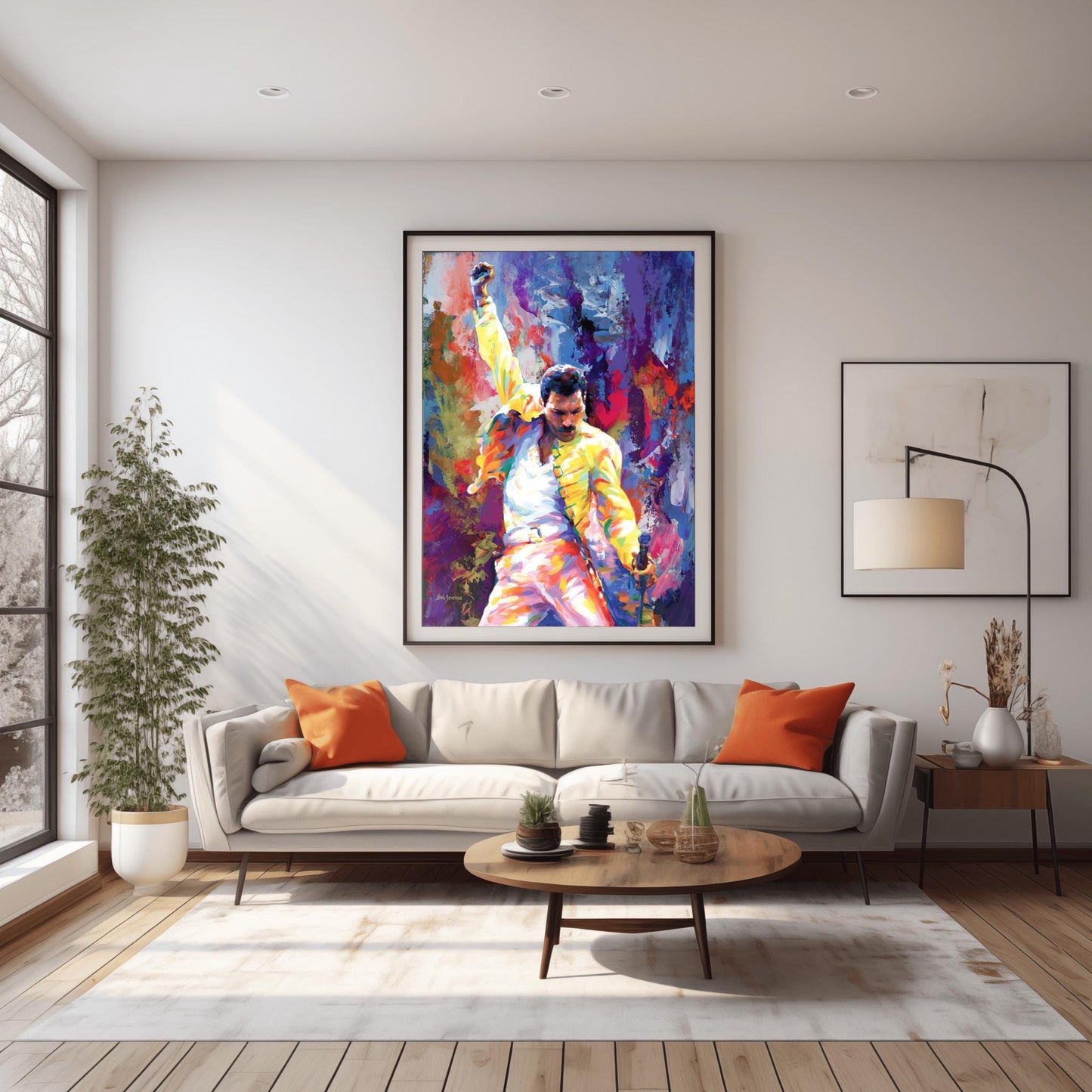 A vibrant physical poster print of Freddie Mercury in a dynamic, impressionistic style, perfect for Queen fans, music lovers, or unique wall art decor