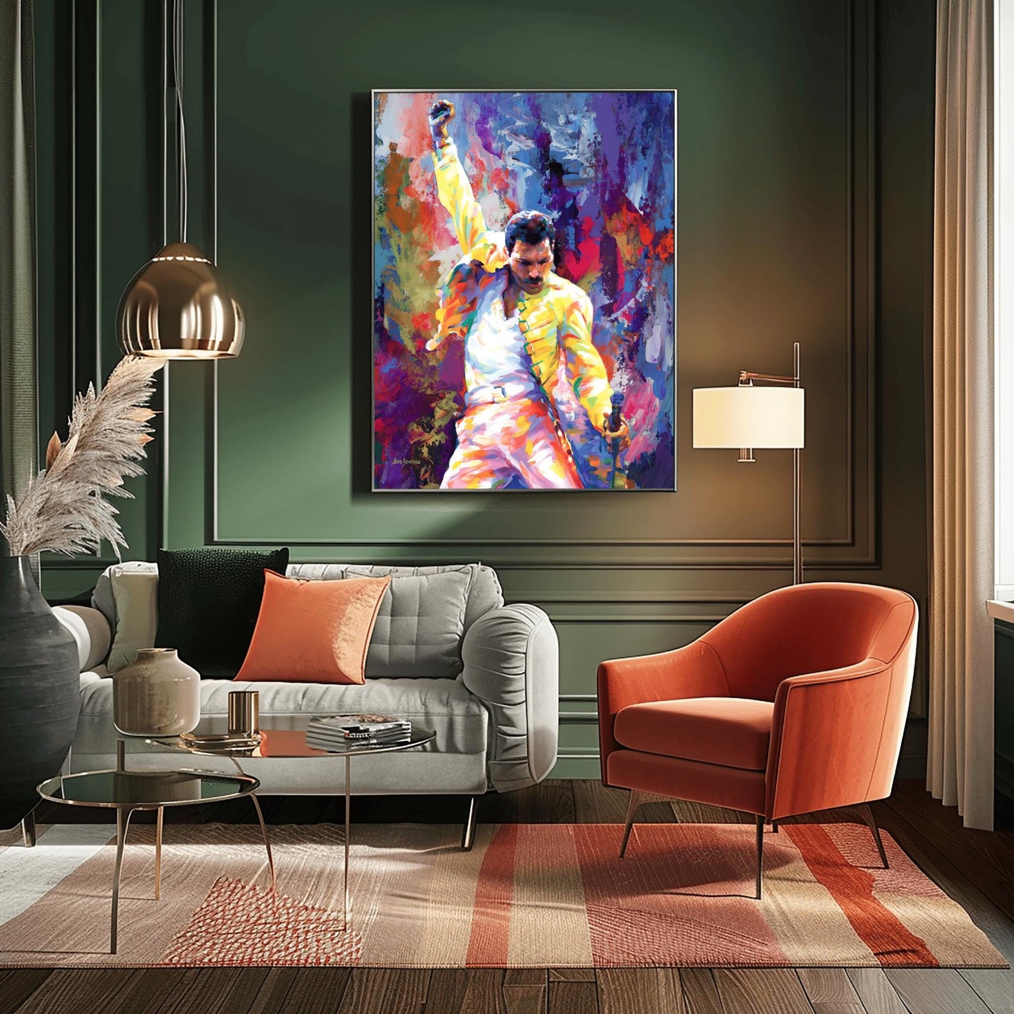 A vibrant physical poster print of Freddie Mercury in a dynamic, impressionistic style, perfect for Queen fans, music lovers, or unique wall art decor