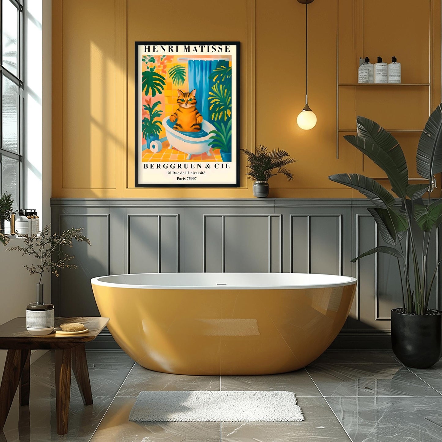 Funny Tabby Cat Bath Art Print, Matisse Style Bathroom Wall Decor, Pink Dopamine Mid Century Modern Illustration
