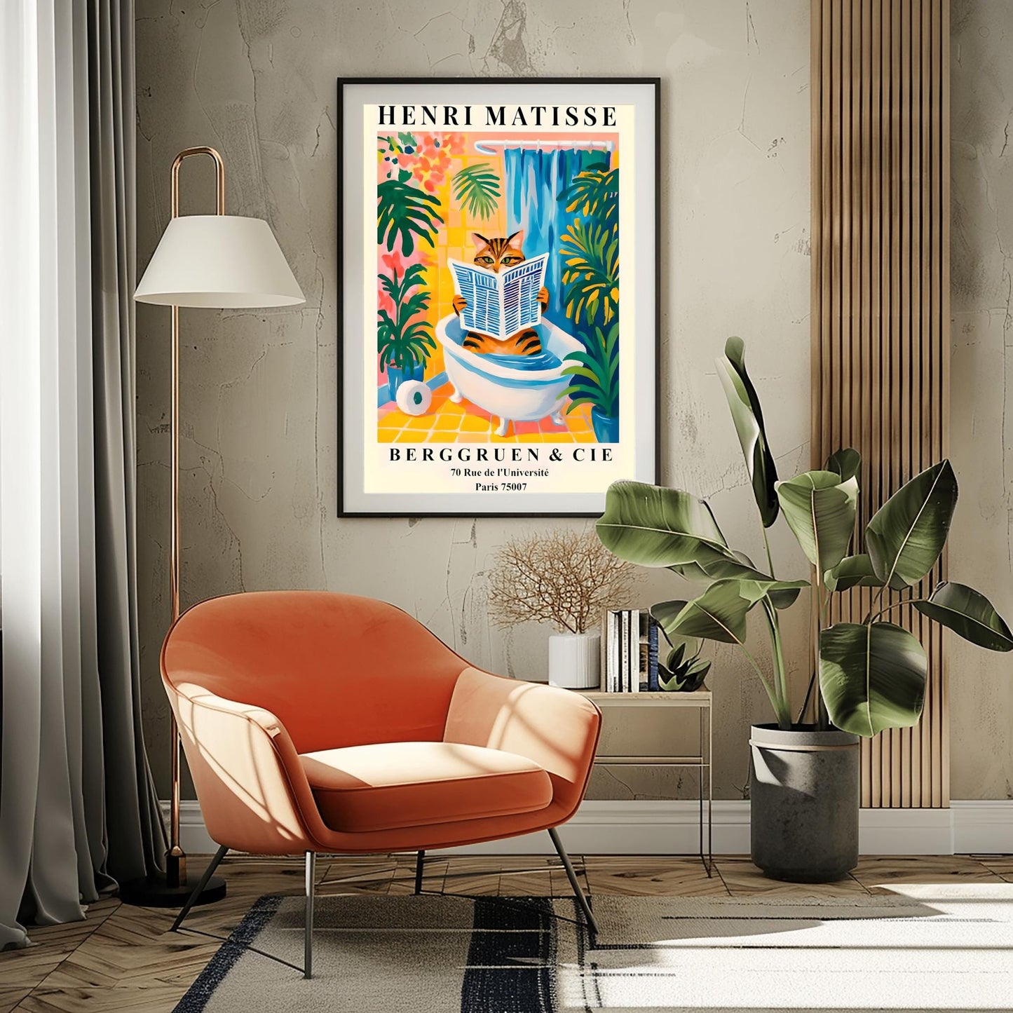 Living room with orange chair, plant, and Henri Matisse funny cat art print on the wall.