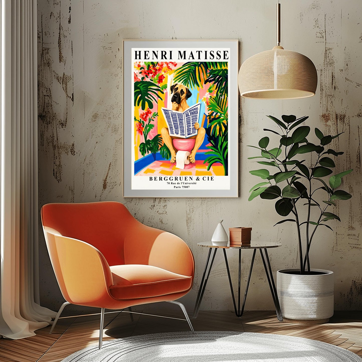 A vertical retro exhibition poster for Henri Matisse set on a wide cream border. The central image shows a colorful, painterly Fauvism illustration of a large Great Dane dog sitting on a pink toilet. The dog has its paw on its chin, thoughtfully reading a large newspaper titled "LE JOURNAL DE PARIS". The background is a vibrant bathroom filled with oversized green monstera leaves, tropical plants, yellow and pink walls, and red flowers.