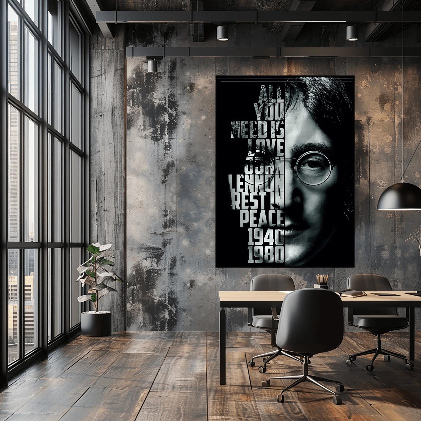 A striking physical poster print featuring a high-contrast black and white portrait of John Lennon, with the text 'ALL YOU NEED IS LOVE' and other meaningful phrases integrated into the design