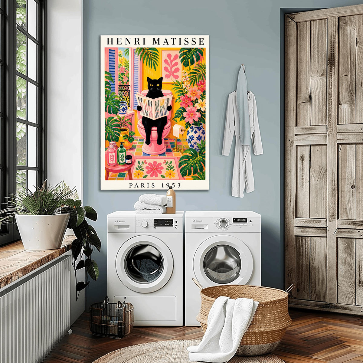 A vertical maximalist art print styled as a Henri Matisse exhibition poster. A sleek black cat with bright yellow eyes sits on a pink toilet, holding and reading a newspaper. The bathroom is filled with vibrant yellow walls, pink and yellow checkered tiles, and lush green monstera plants. A window with blue shutters looks out onto a garden. A pink bath mat and blue floral vases add more color. Bold black text at the top reads "HENRI MATISSE" and at the bottom "PARIS 1953".