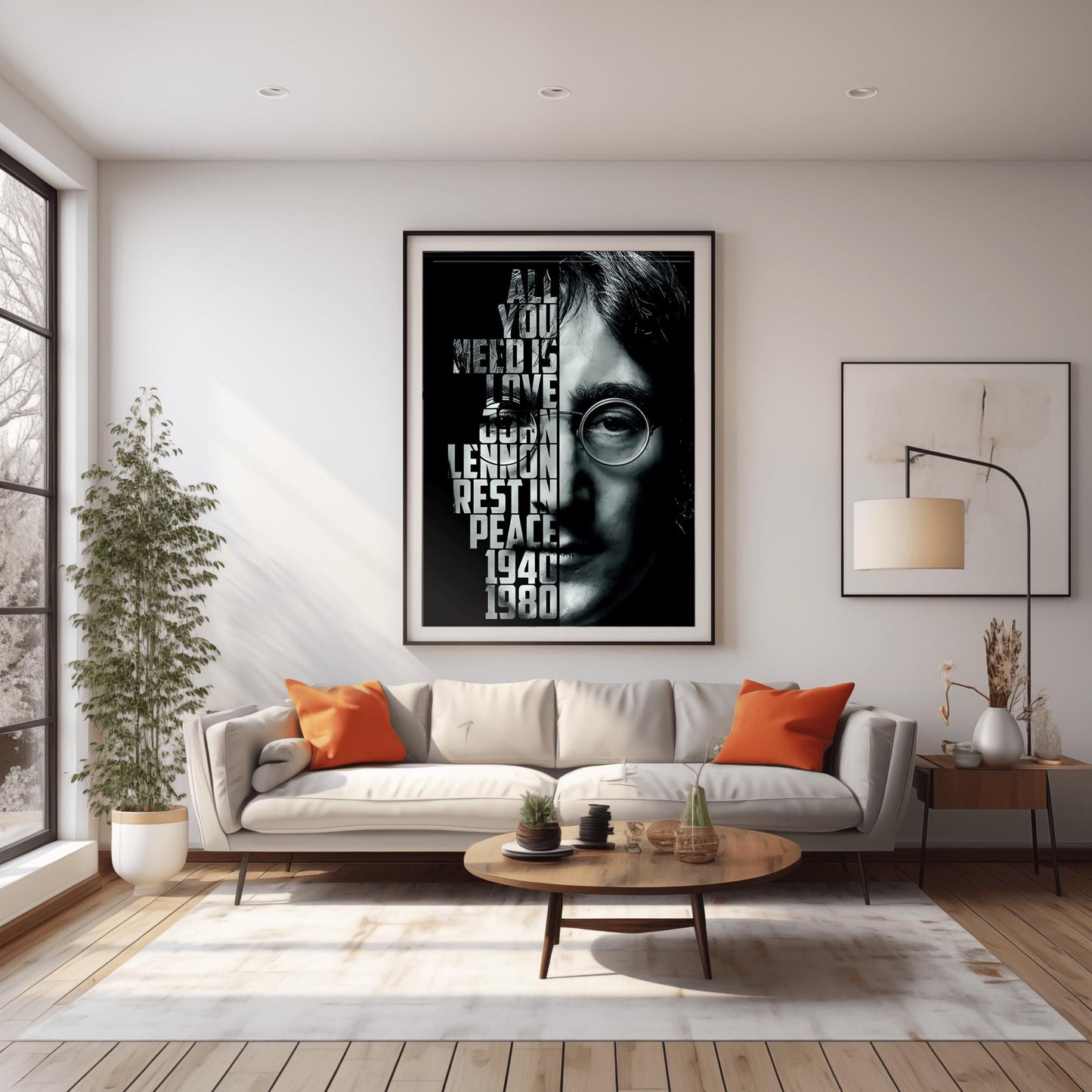 A striking physical poster print featuring a high-contrast black and white portrait of John Lennon, with the text 'ALL YOU NEED IS LOVE' and other meaningful phrases integrated into the design