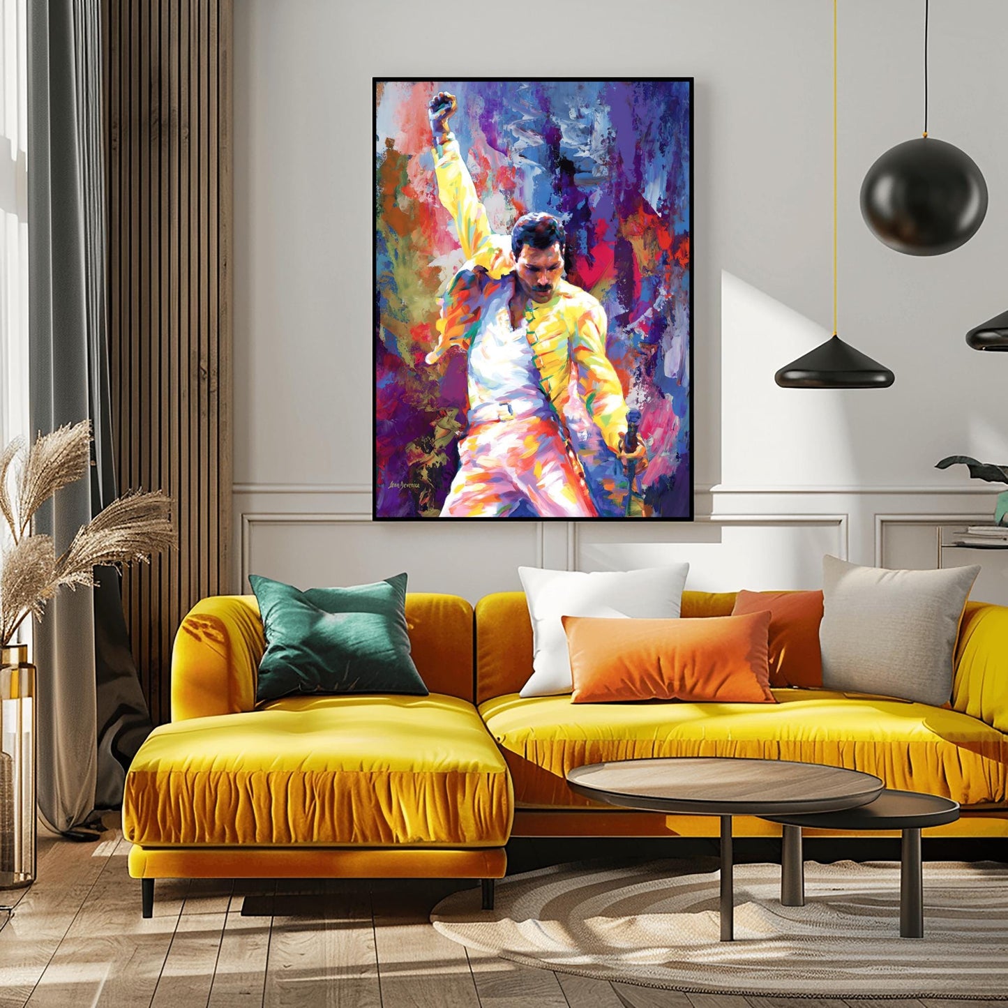 A vibrant physical poster print of Freddie Mercury in a dynamic, impressionistic style, perfect for Queen fans, music lovers, or unique wall art decor