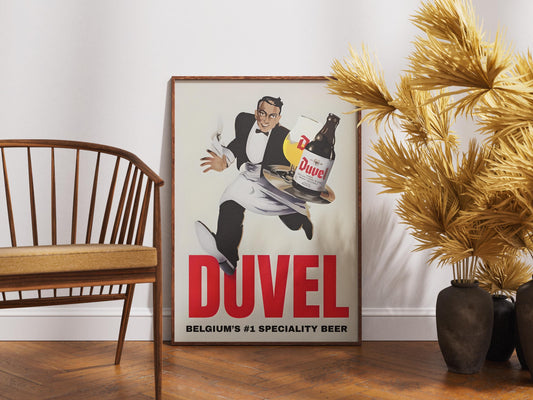 A cinematic style illustration features a cheerful waiter presenting a glass of Duvel Belgian beer on a tray. The retro-inspired artwork captures the inviting atmosphere of a classic bar or restaurant. The waiter is smiling warmly, and the Duvel glass is prominently displayed. This unique print is perfect for bar decor, pub wall art, a sophisticated kitchen, or as a distinctive gift for beer enthusiasts and collectors of vintage beverage illustrations, adding charm to any space.