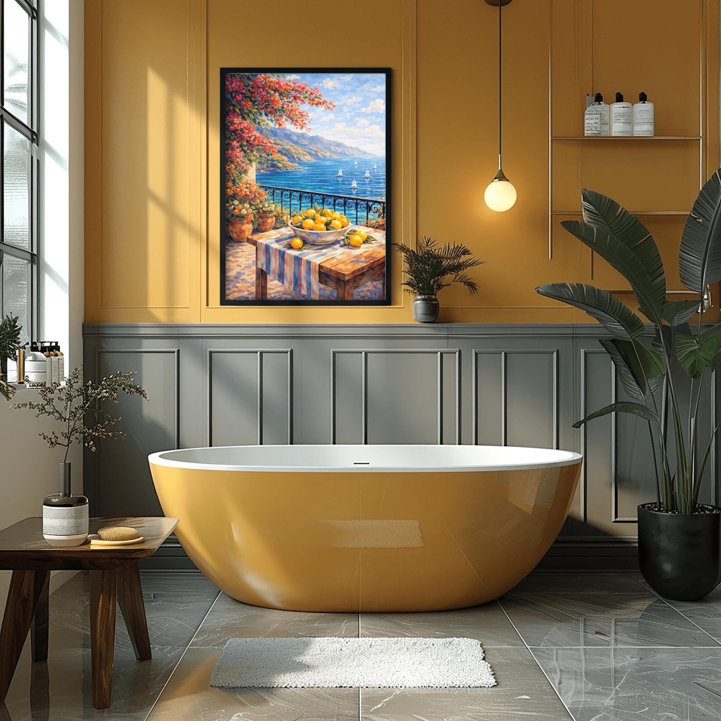 A vertical painterly illustration of a stone terrace with a black iron railing. A pink bougainvillea tree hangs from the top left over a wooden table with a bowl of oranges and lemons. Beyond the railing is a blue sea with white sailboats and a distant mountainous coastline.