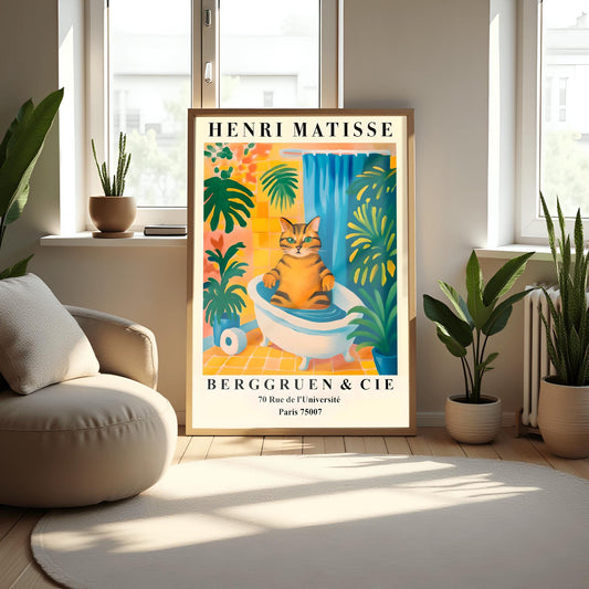 Funny Tabby Cat Bath Art Print, Matisse Style Bathroom Wall Decor, Pink Dopamine Mid Century Modern Illustration