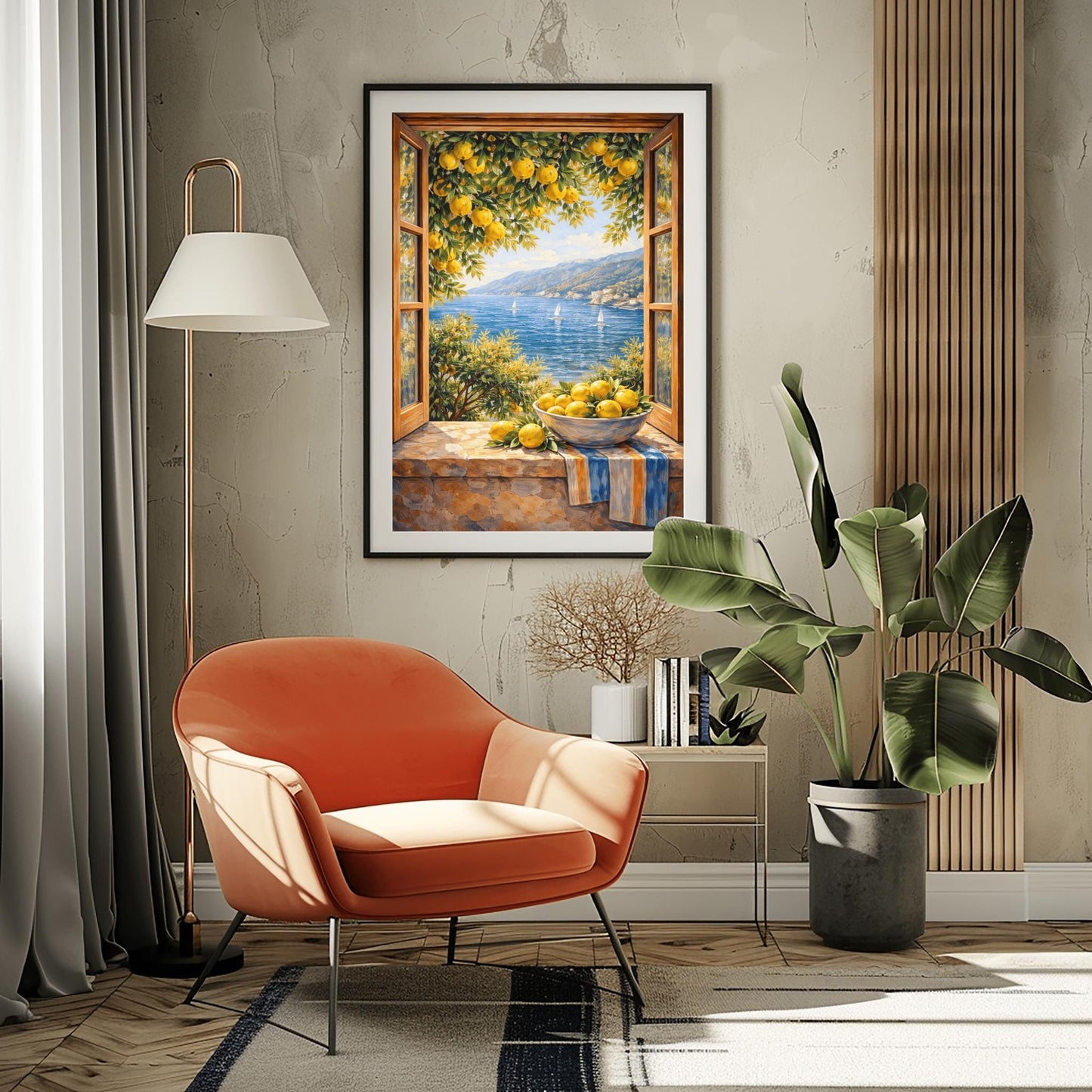 A vertical painterly illustration of an open wooden window looking out at a blue sea with sailboats. On the stone windowsill, a bowl of yellow lemons sits on a striped blue-and-yellow cloth. Lemon tree branches with fruit frame the view from above.