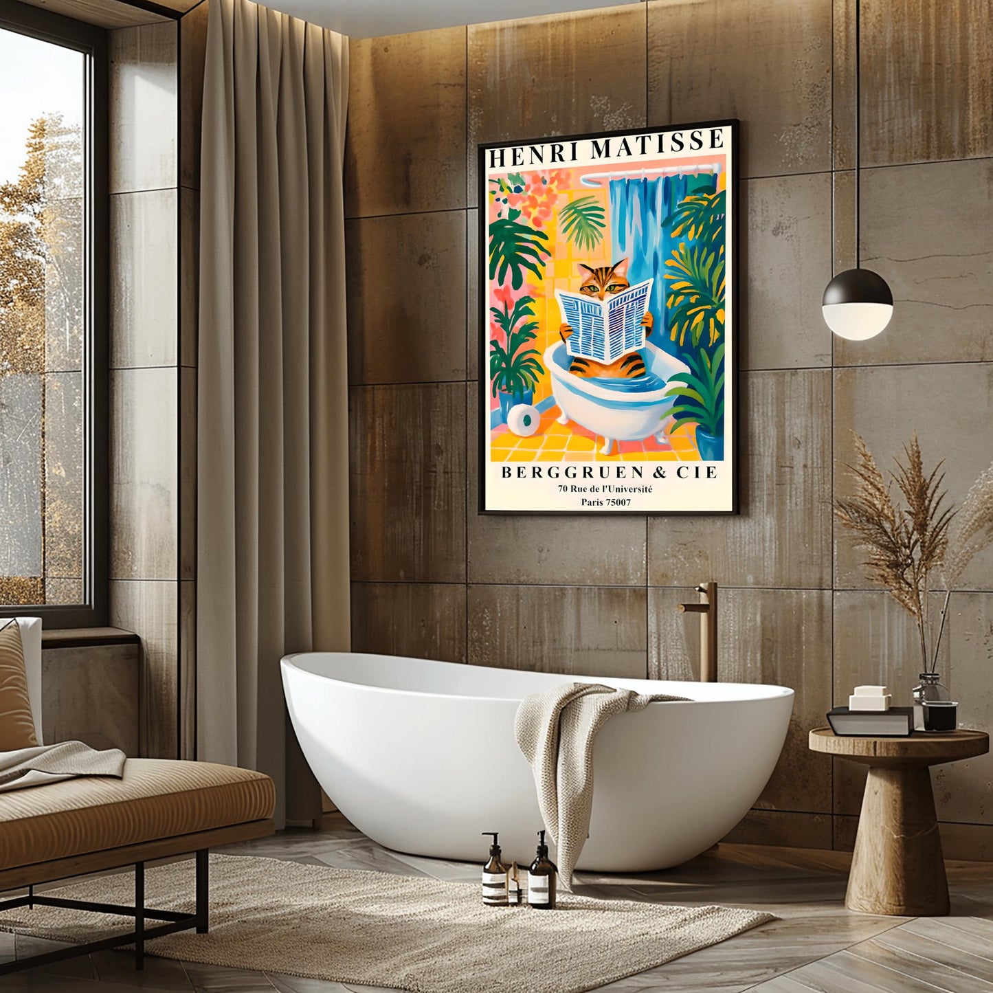 Modern bathroom with a bathtub, decor items, and a funny Henri Matisse cat poster on the wall.