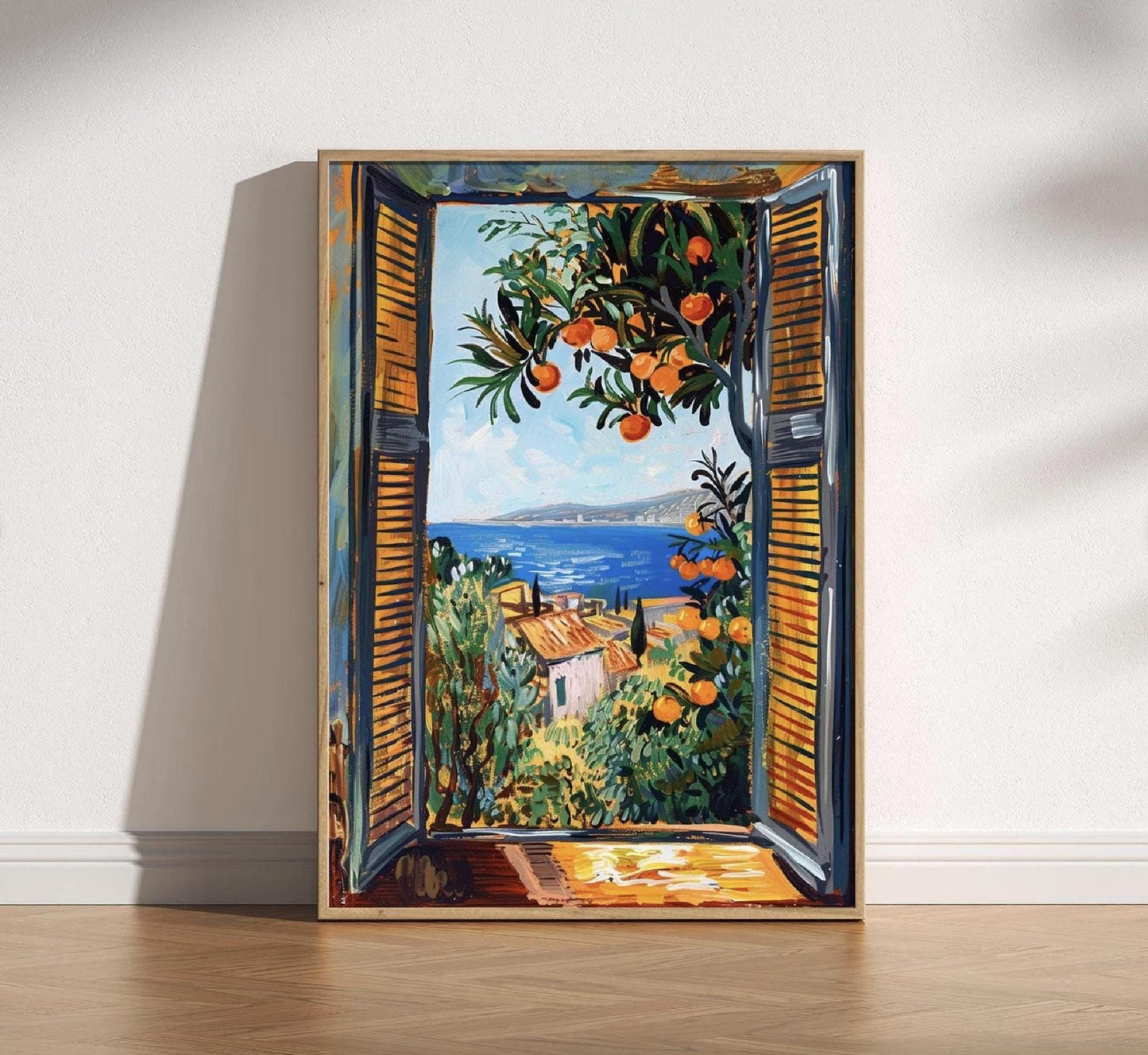 An impressionistic painting capturing a vibrant coastal view through an open window with orange louvered shutters. An orange tree laden with ripe fruit and lush green leaves frames the top right of the window. Beyond the window, a brilliant blue sea stretches to the horizon, meeting a distant coastline with buildings. In the midground, a terracotta-roofed building is nestled among vibrant green and yellow foliage. The brushstrokes are loose and expressive creating a dynamic and bright atmosphere