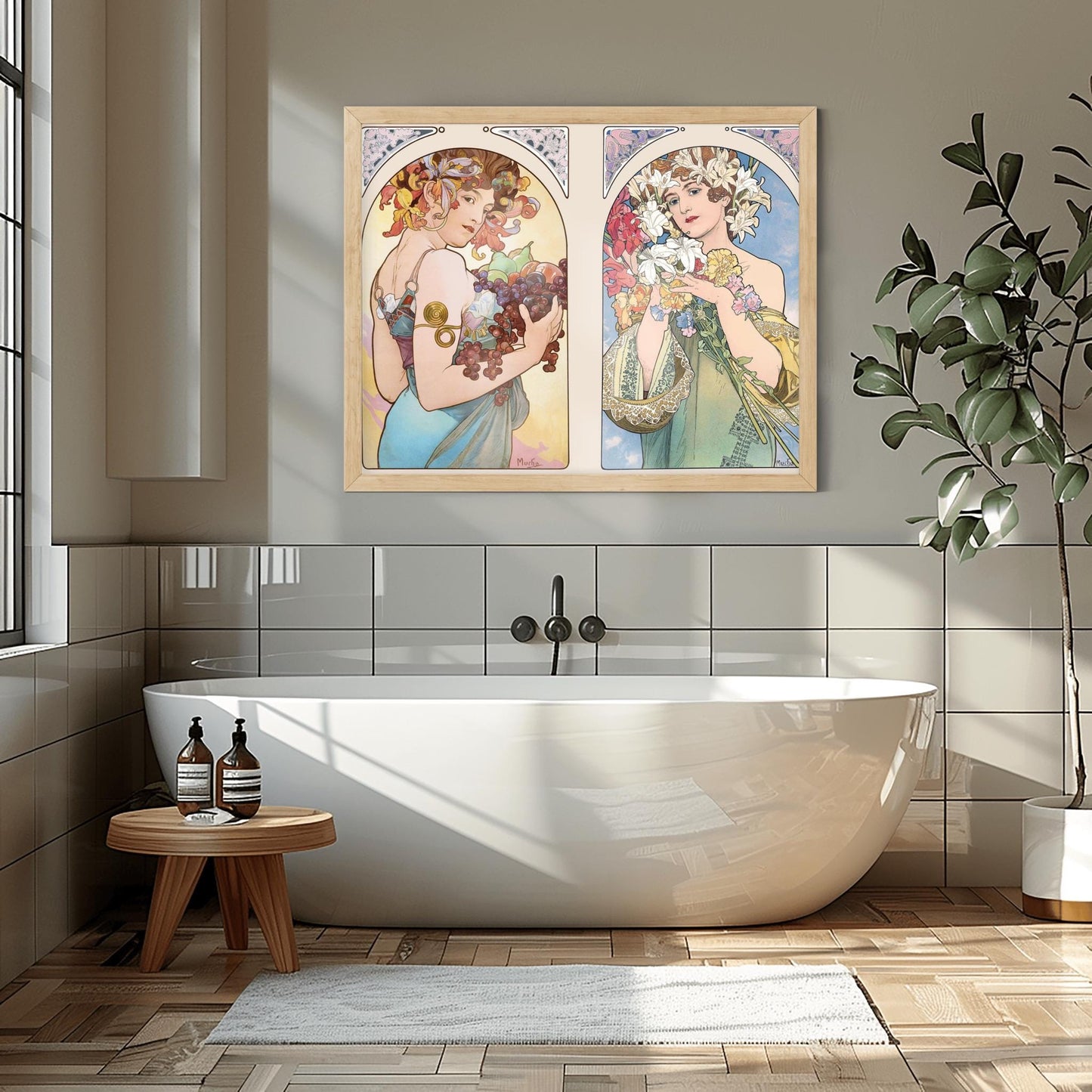 Alfons Mucha 'Fruit & Flower' Diptych Poster, Art Nouveau Print, Vintage Wall Art