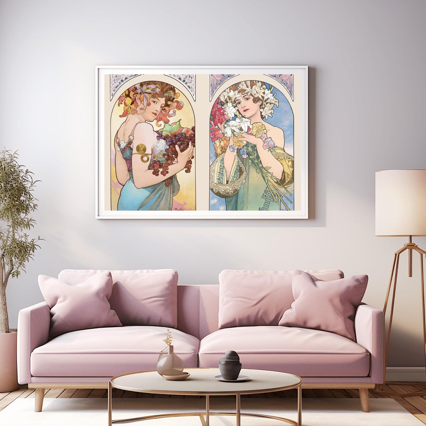 Alfons Mucha 'Fruit & Flower' Diptych Poster, Art Nouveau Print, Vintage Wall Art