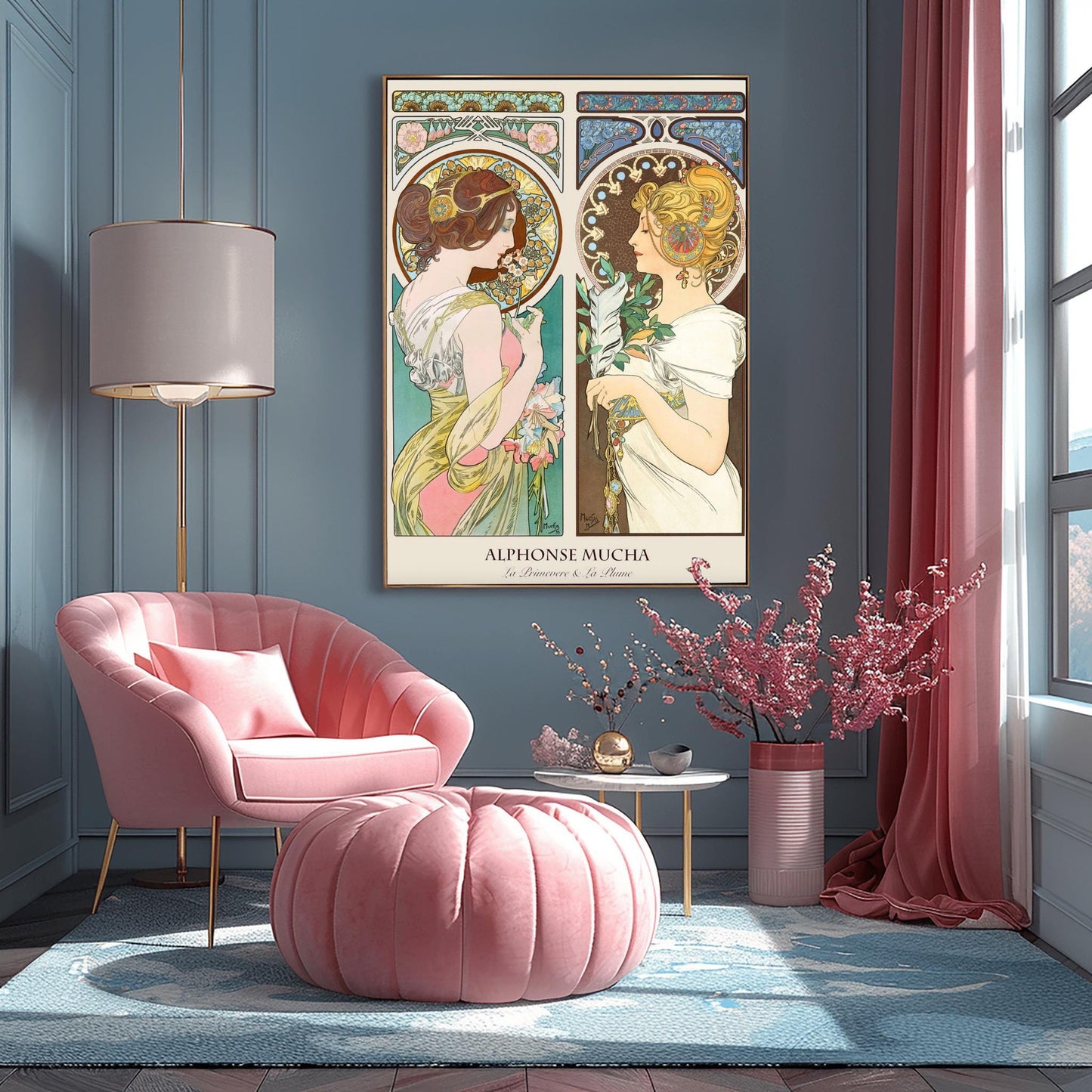 Alfons Mucha 'Primrose & Feather' Poster, Art Nouveau Diptych Print, Vintage Wall Art