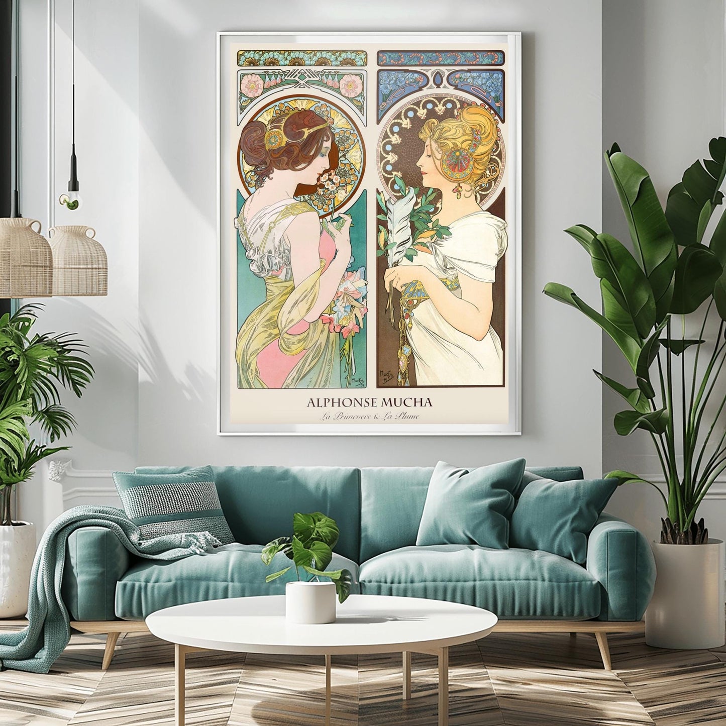 Alfons Mucha 'Primrose & Feather' Poster, Art Nouveau Diptych Print, Vintage Wall Art