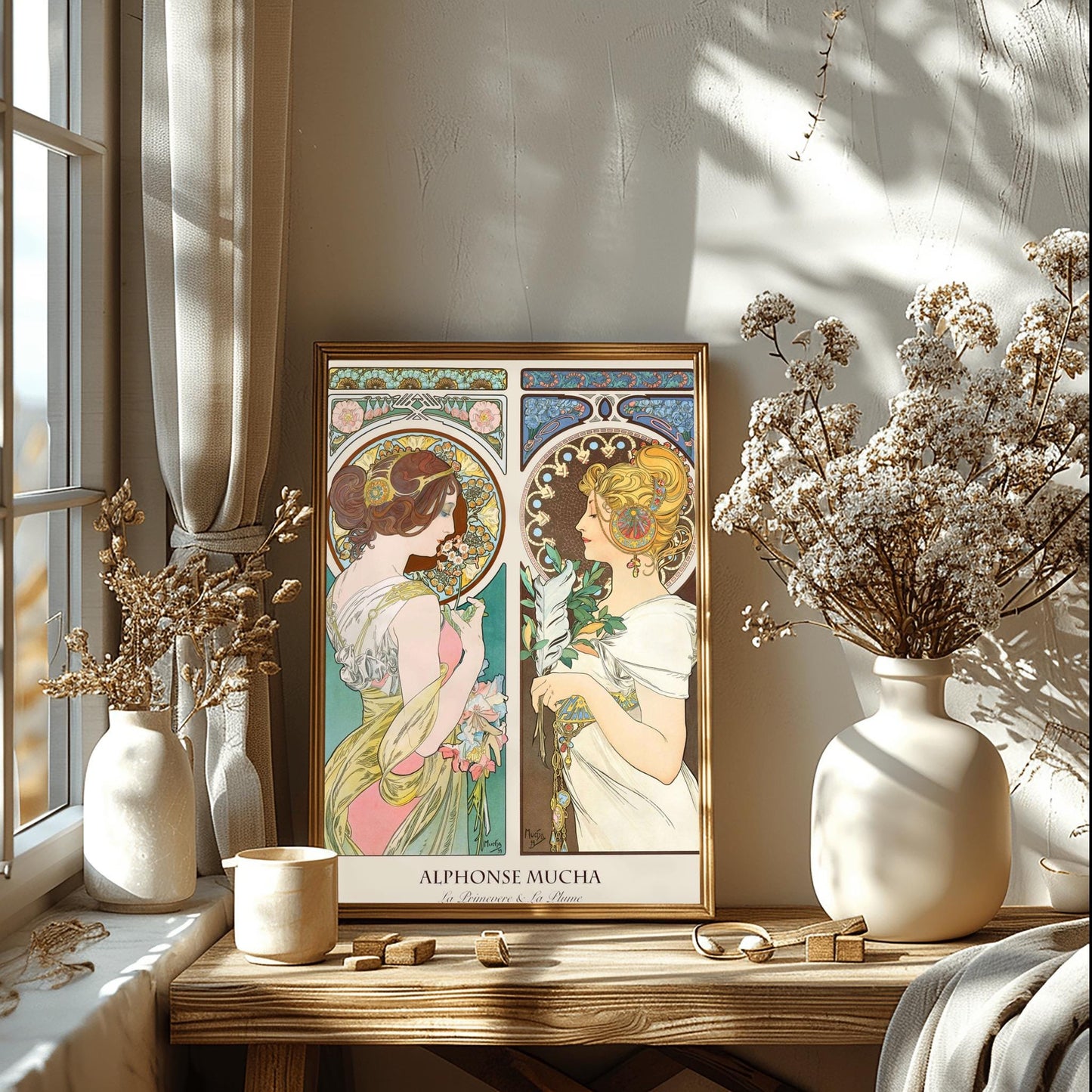 Alfons Mucha 'Primrose & Feather' Poster, Art Nouveau Diptych Print, Vintage Wall Art