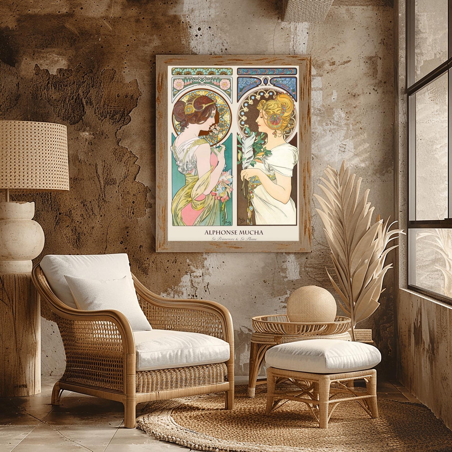 Alfons Mucha 'Primrose & Feather' Poster, Art Nouveau Diptych Print, Vintage Wall Art