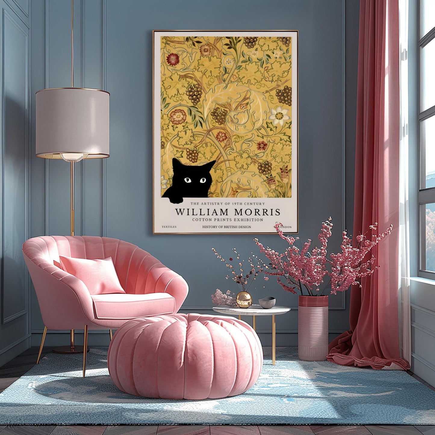 William Morris Cat Print: Arts & Crafts Floral Poster, Black Cat Decor