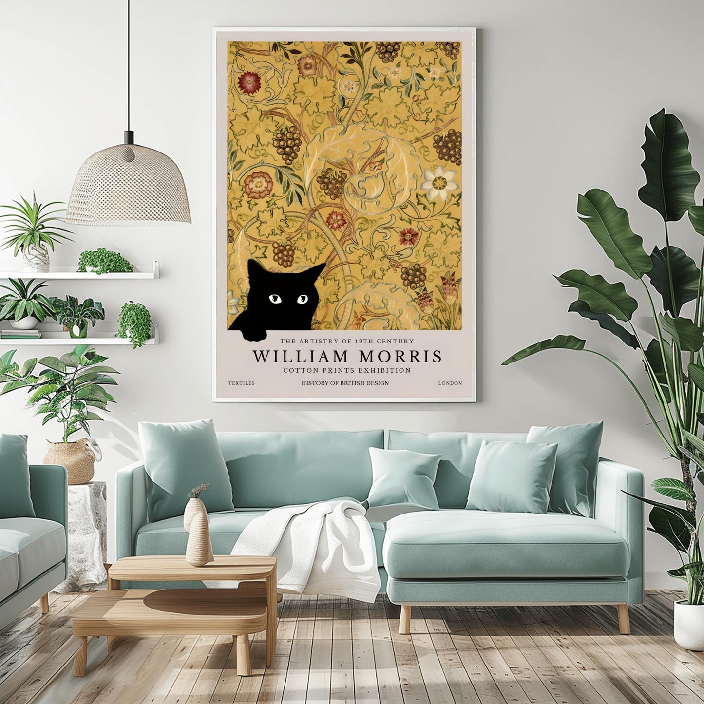 William Morris Cat Print: Arts & Crafts Floral Poster, Black Cat Decor