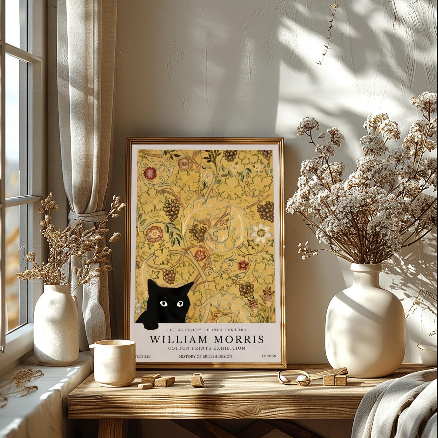 William Morris Cat Print: Arts & Crafts Floral Poster, Black Cat Decor