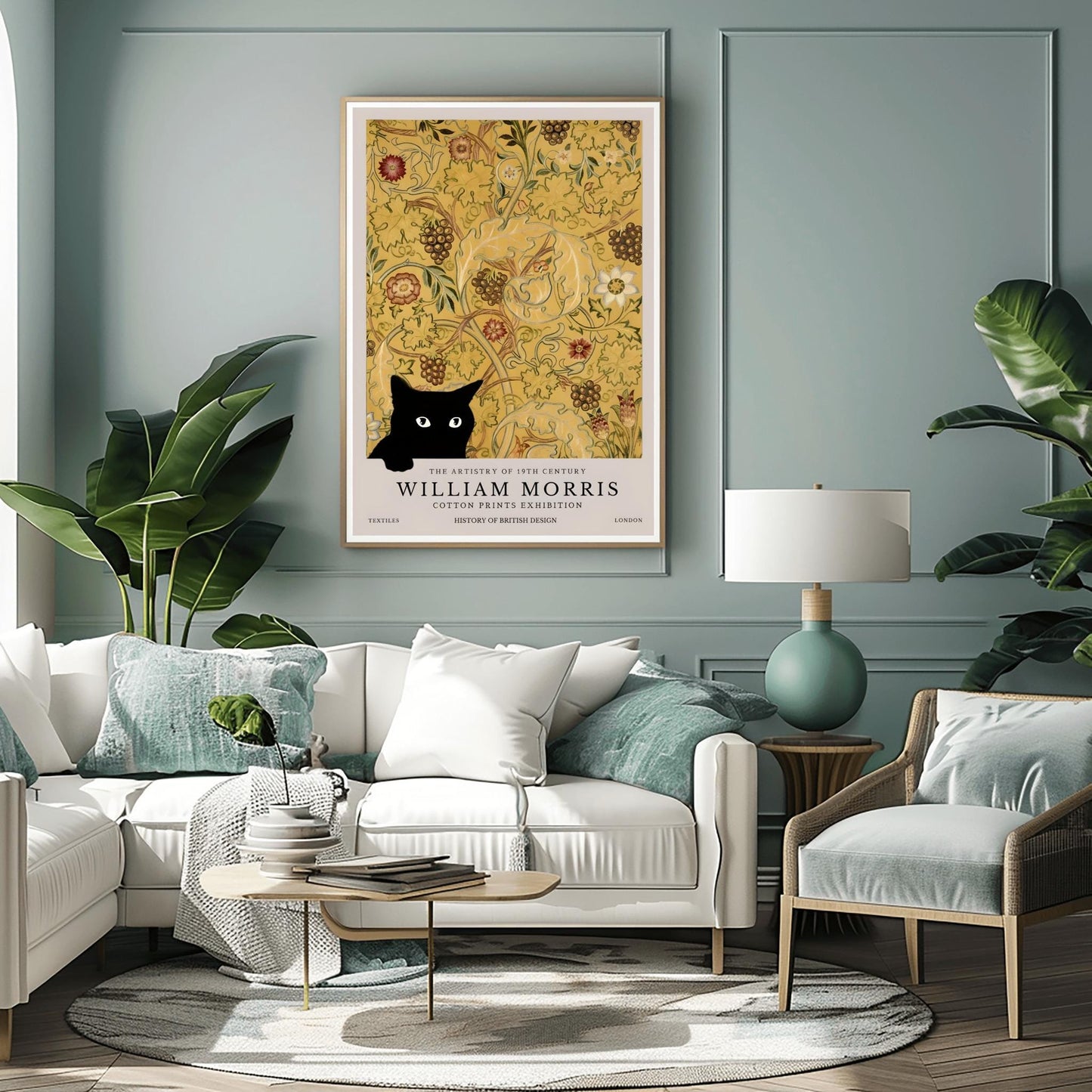 William Morris Cat Print: Arts & Crafts Floral Poster, Black Cat Decor