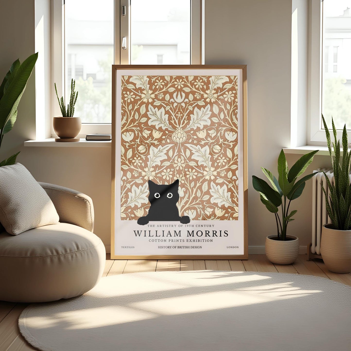William Morris Cat Print: Arts & Crafts Floral Poster, Black Cat Art