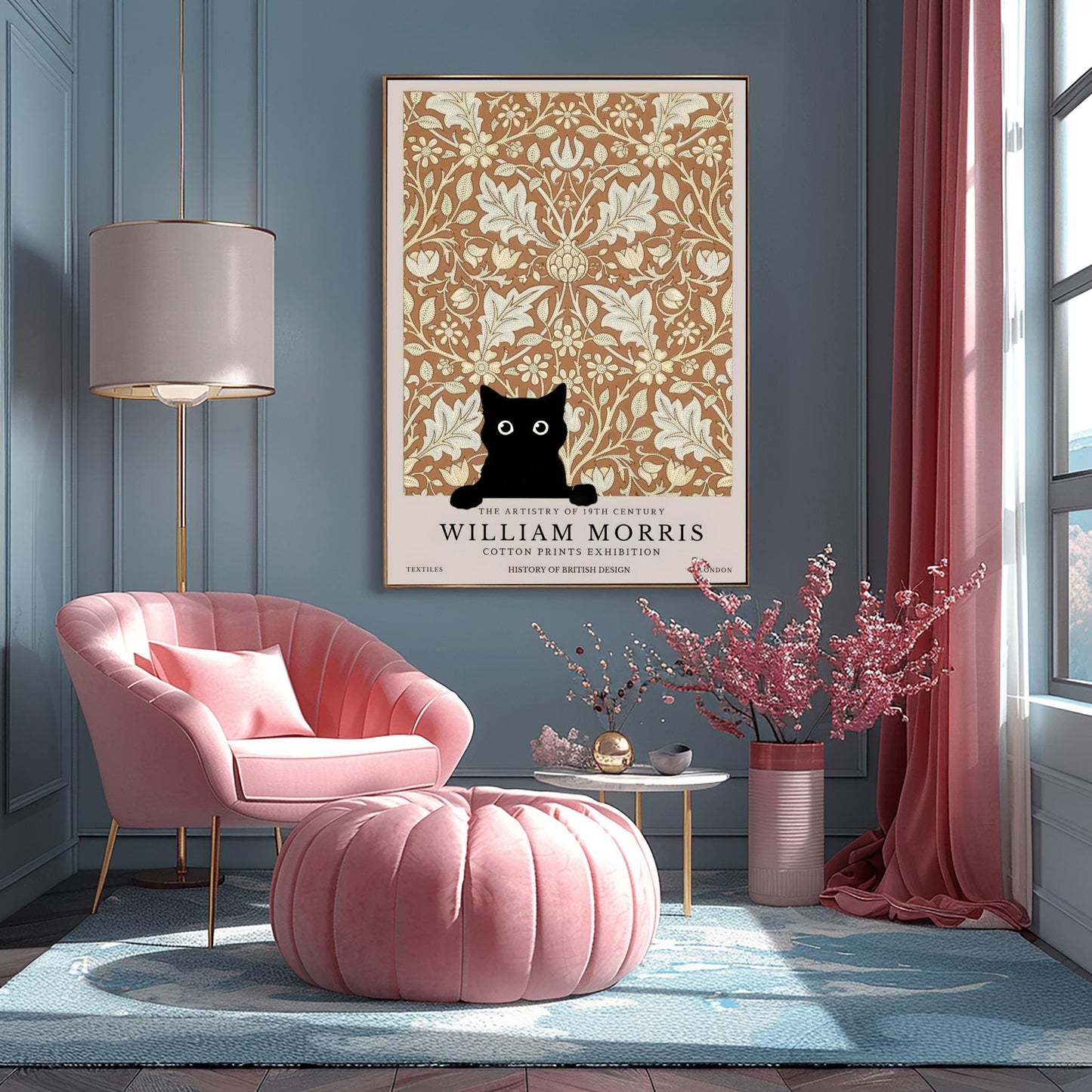 William Morris Cat Print: Arts & Crafts Floral Poster, Black Cat Art
