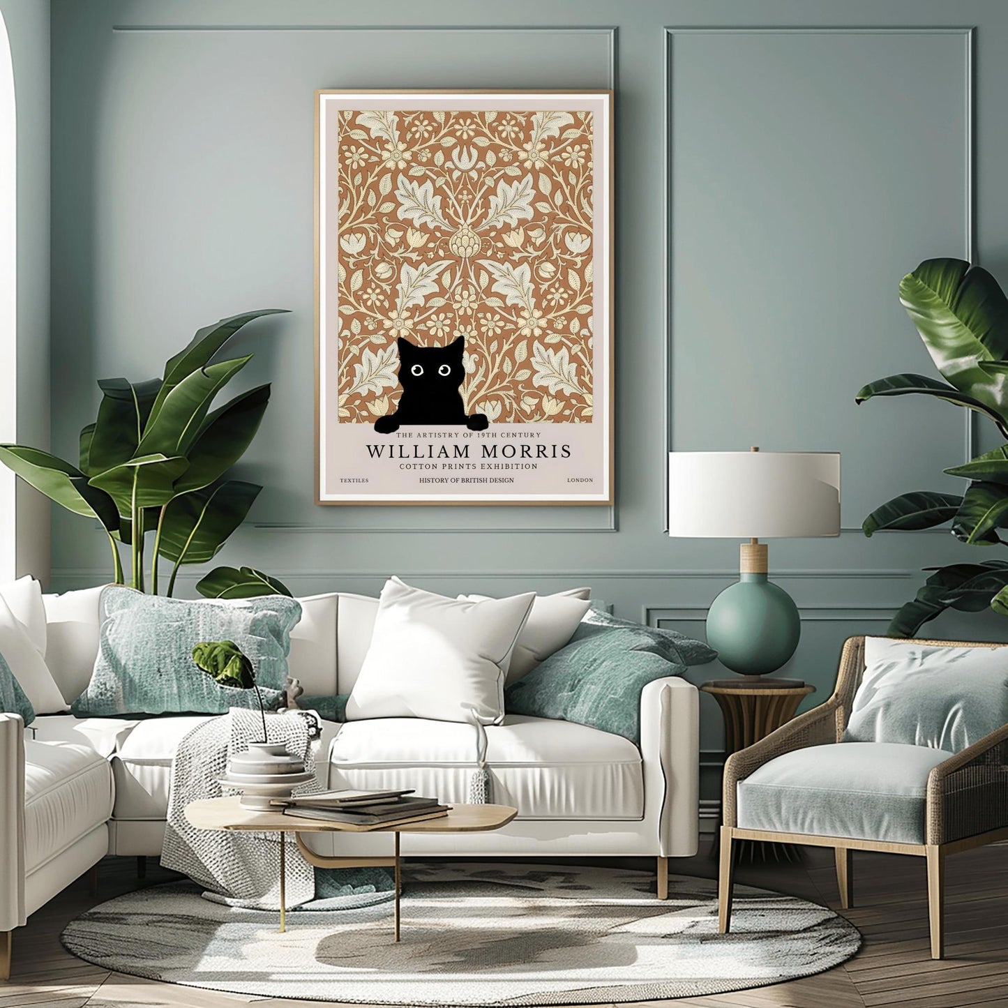 William Morris Cat Print: Arts & Crafts Floral Poster, Black Cat Art