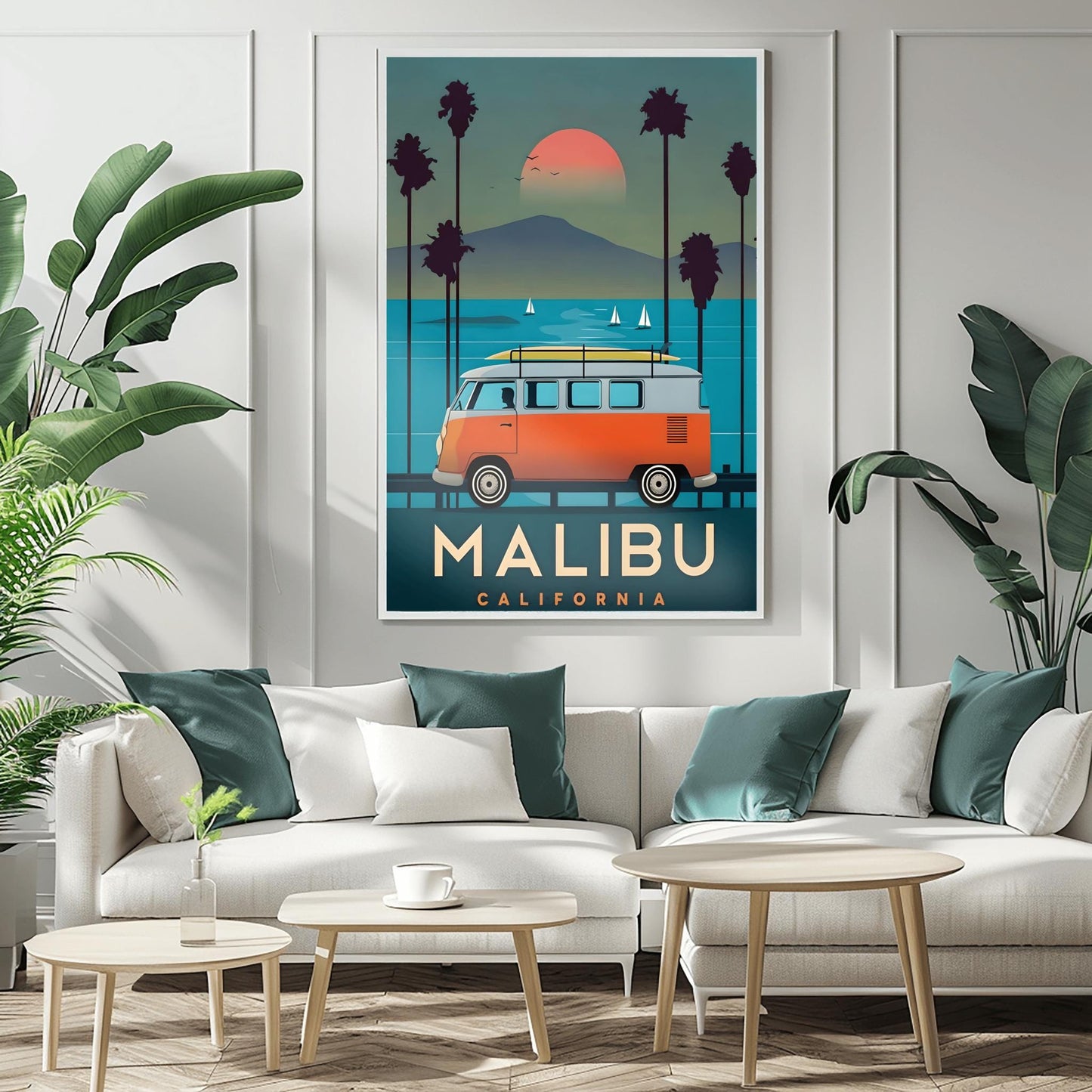 Vintage Malibu Travel Poster: Retro VW Bus Surf Art