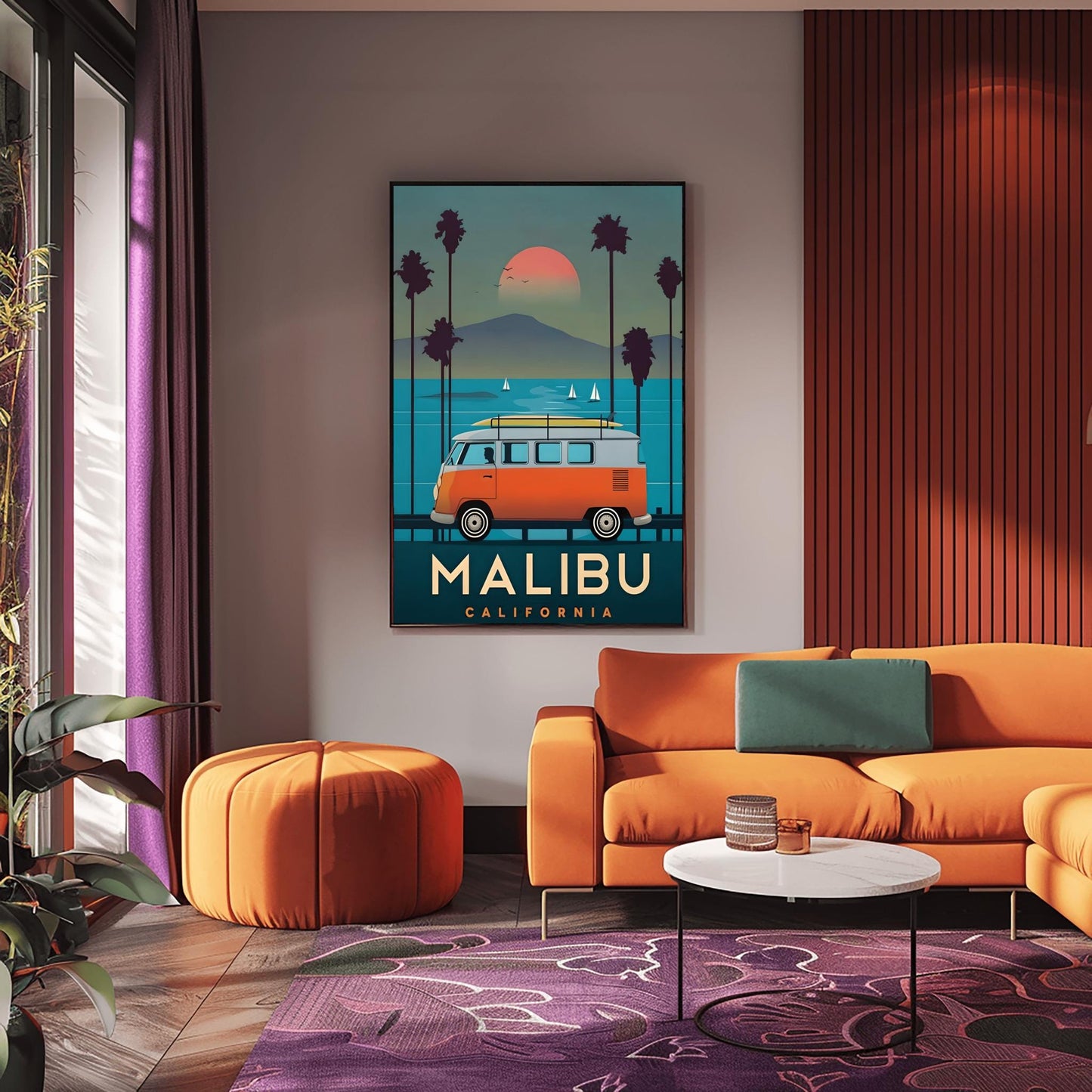 Vintage Malibu Travel Poster: Retro VW Bus Surf Art