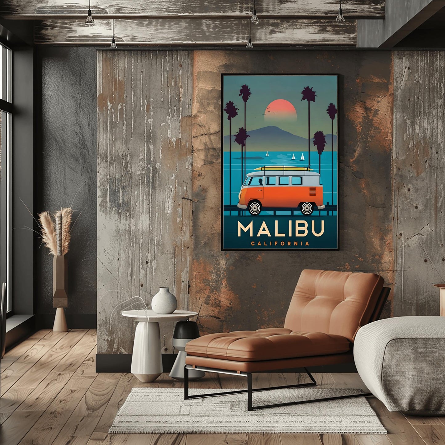 Vintage Malibu Travel Poster: Retro VW Bus Surf Art