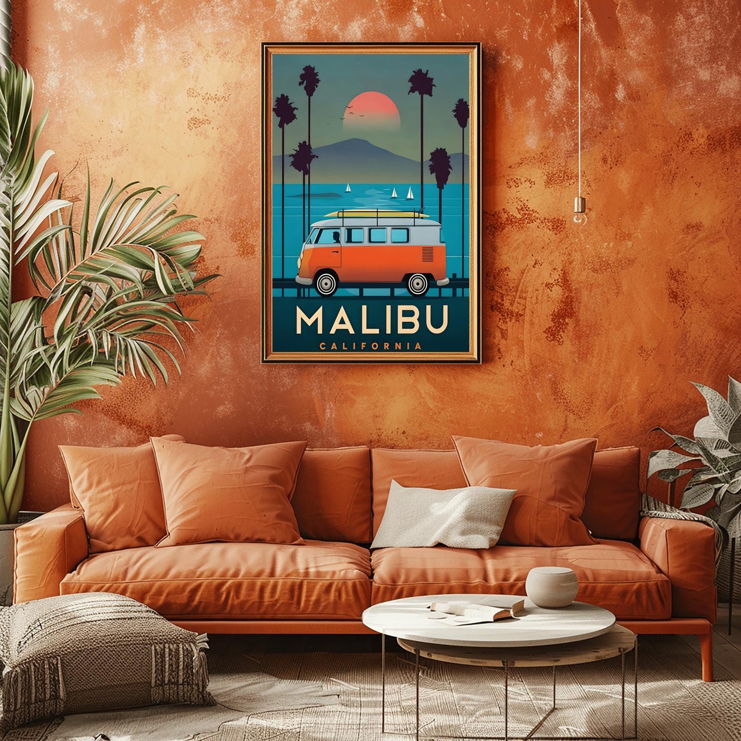 Vintage Malibu Travel Poster: Retro VW Bus Surf Art