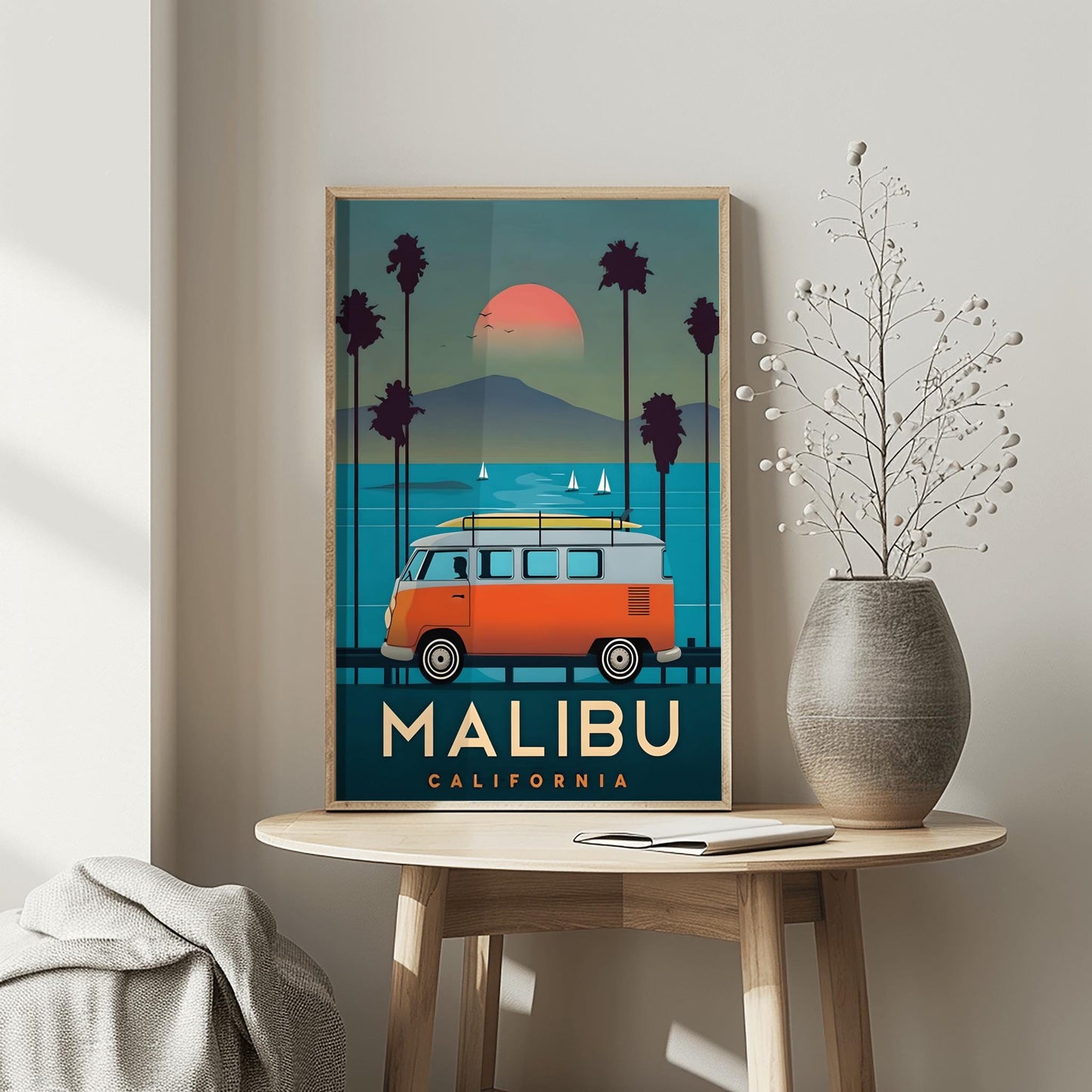Vintage Malibu Travel Poster: Retro VW Bus Surf Art