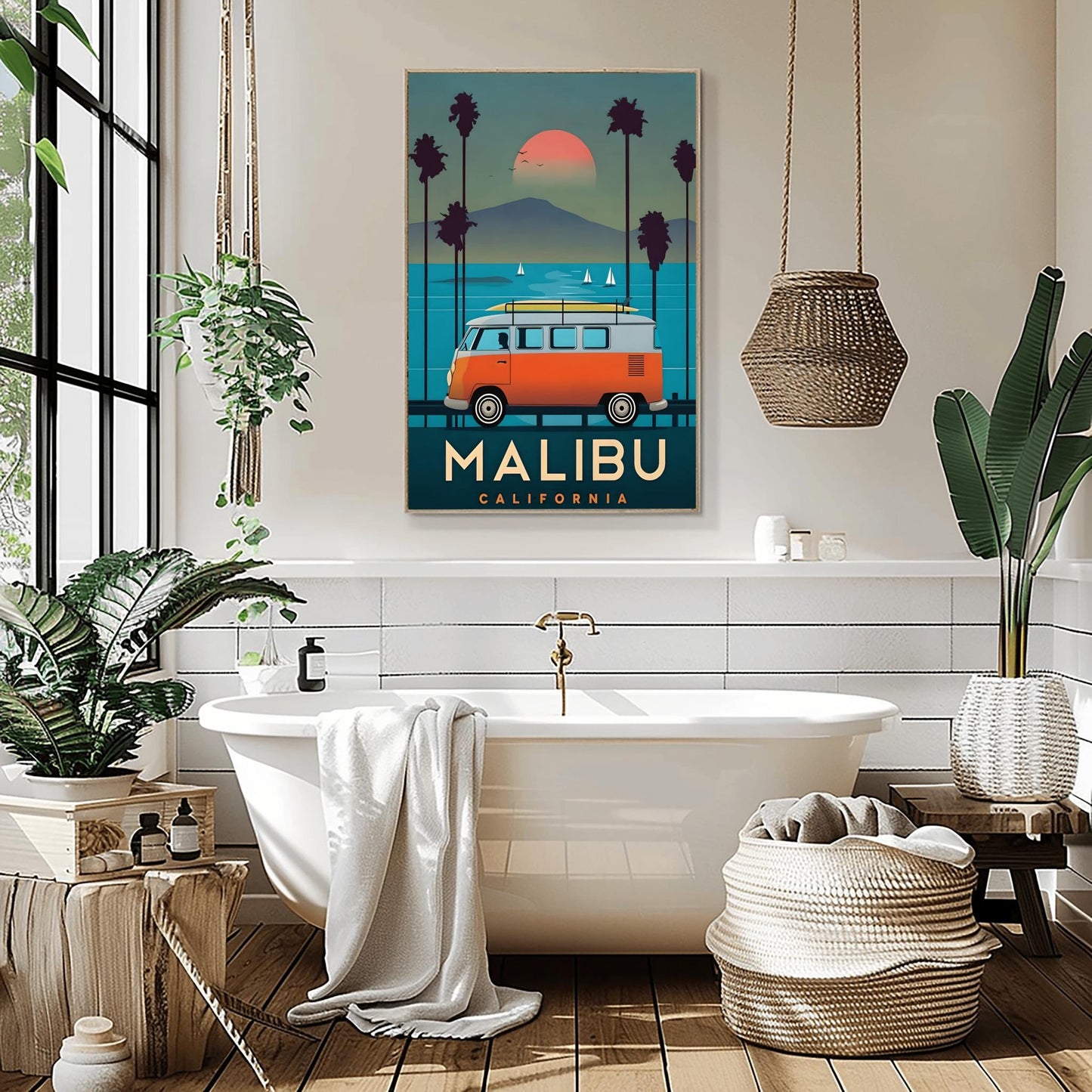 Vintage Malibu Travel Poster: Retro VW Bus Surf Art