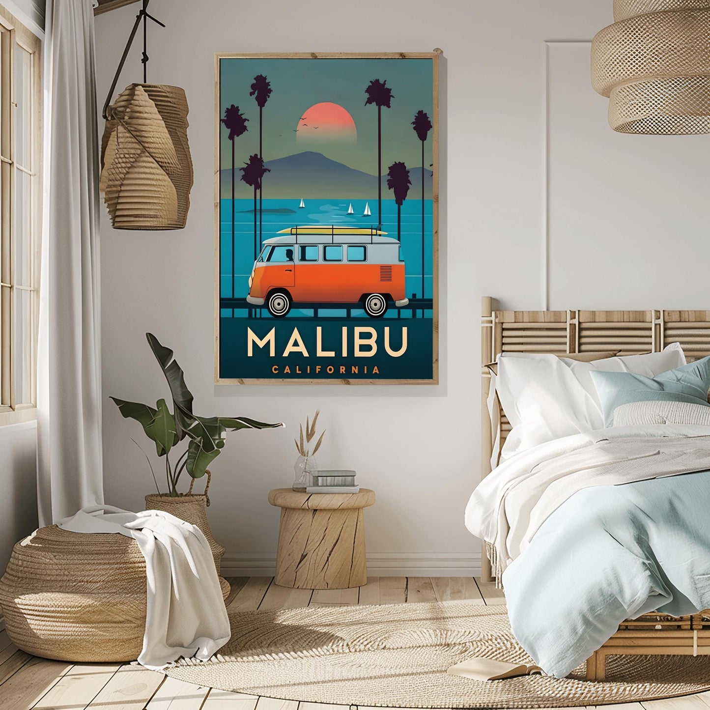 Vintage Malibu Travel Poster: Retro VW Bus Surf Art