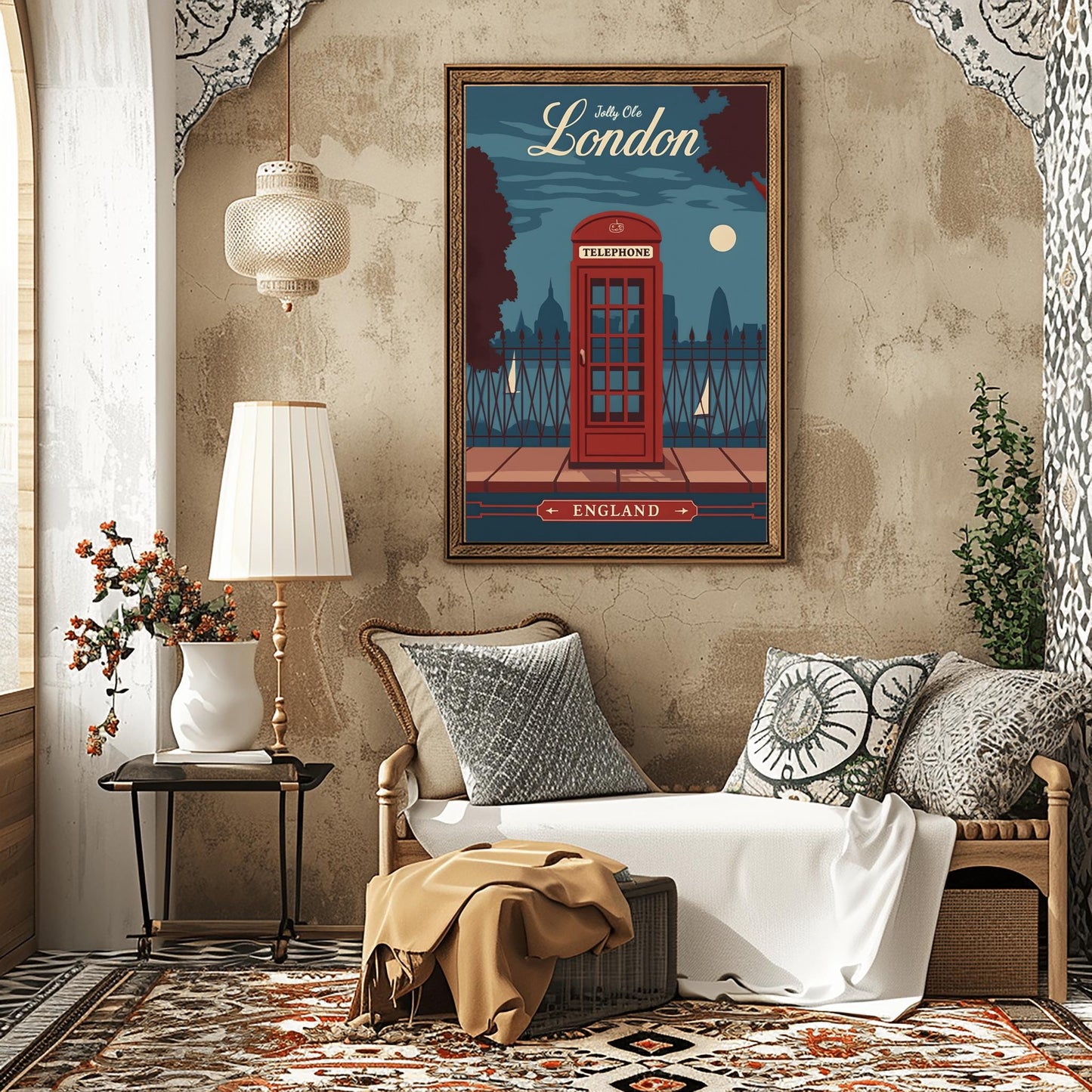 Vintage London Travel Poster: Red Telephone Booth, Retro England Wall Art