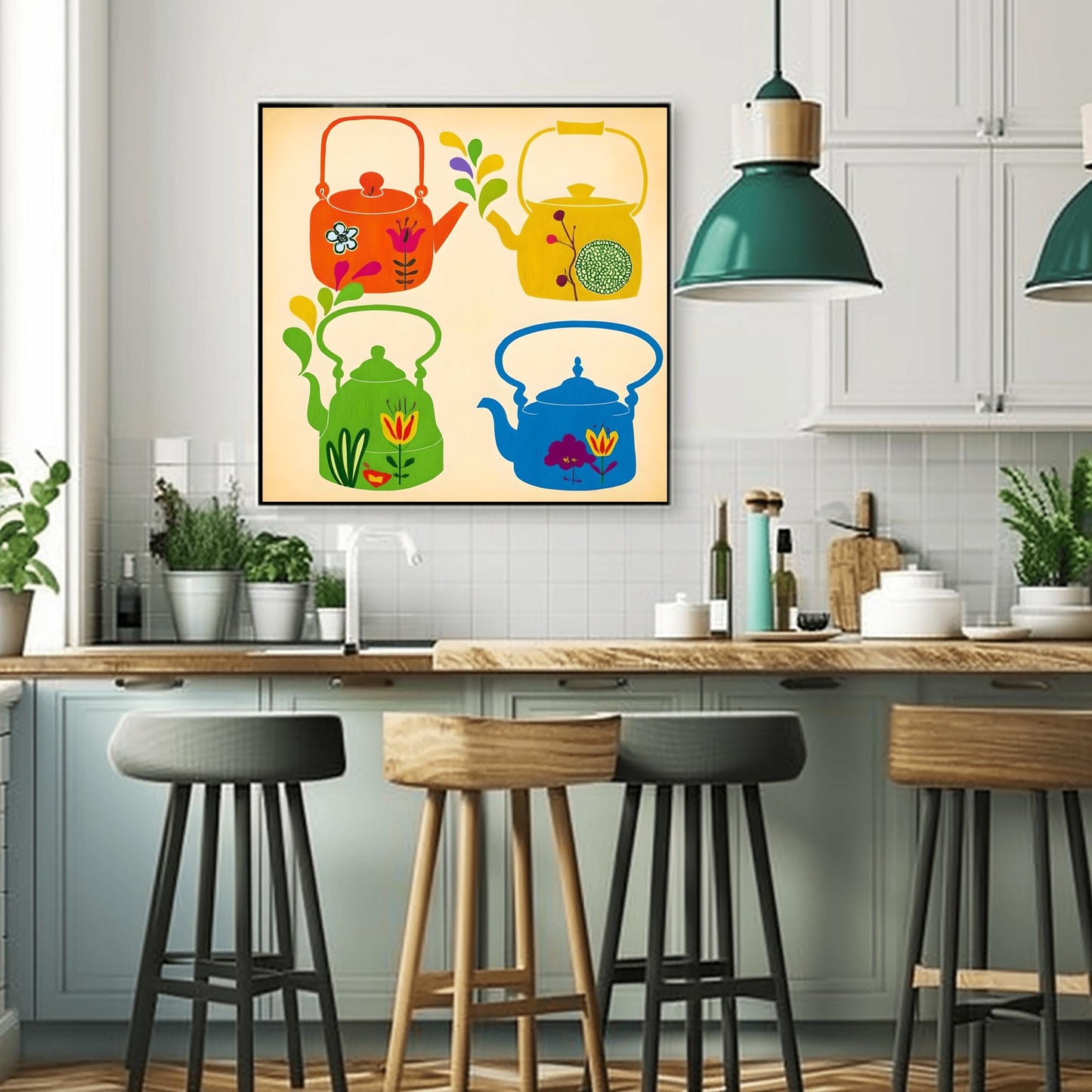 Whimsical Teapot Art Print: Retro Kitchen Folk Art Poster