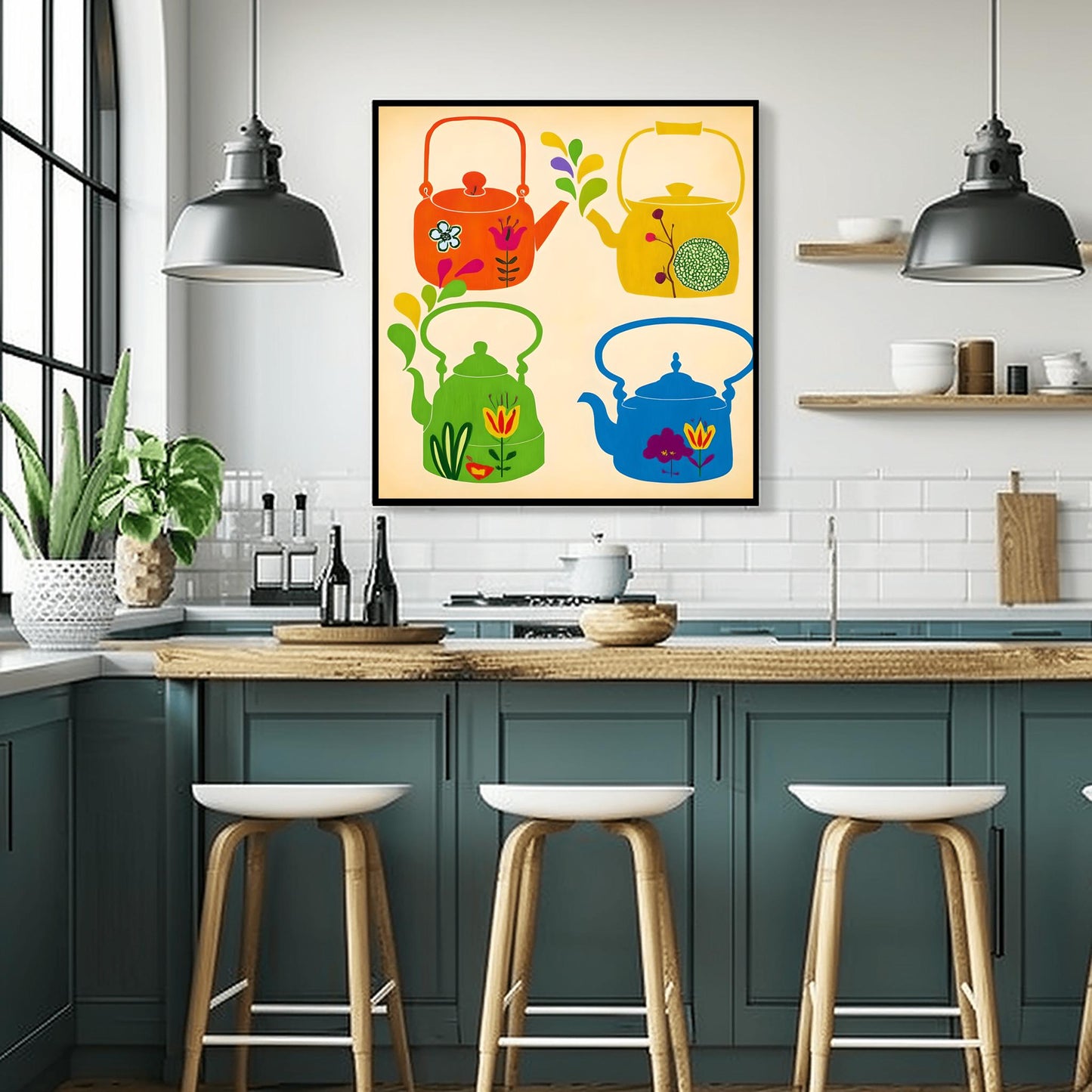 Whimsical Teapot Art Print: Retro Kitchen Folk Art Poster