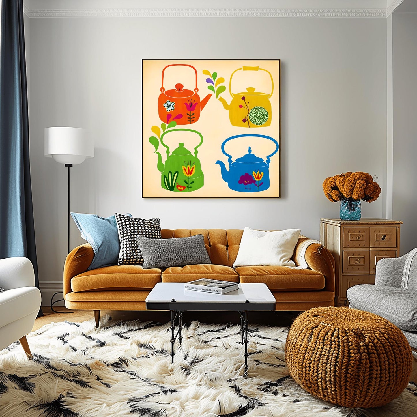 Whimsical Teapot Art Print: Retro Kitchen Folk Art Poster