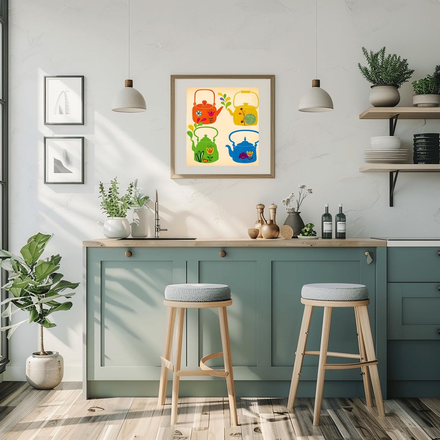 Whimsical Teapot Art Print: Retro Kitchen Folk Art Poster