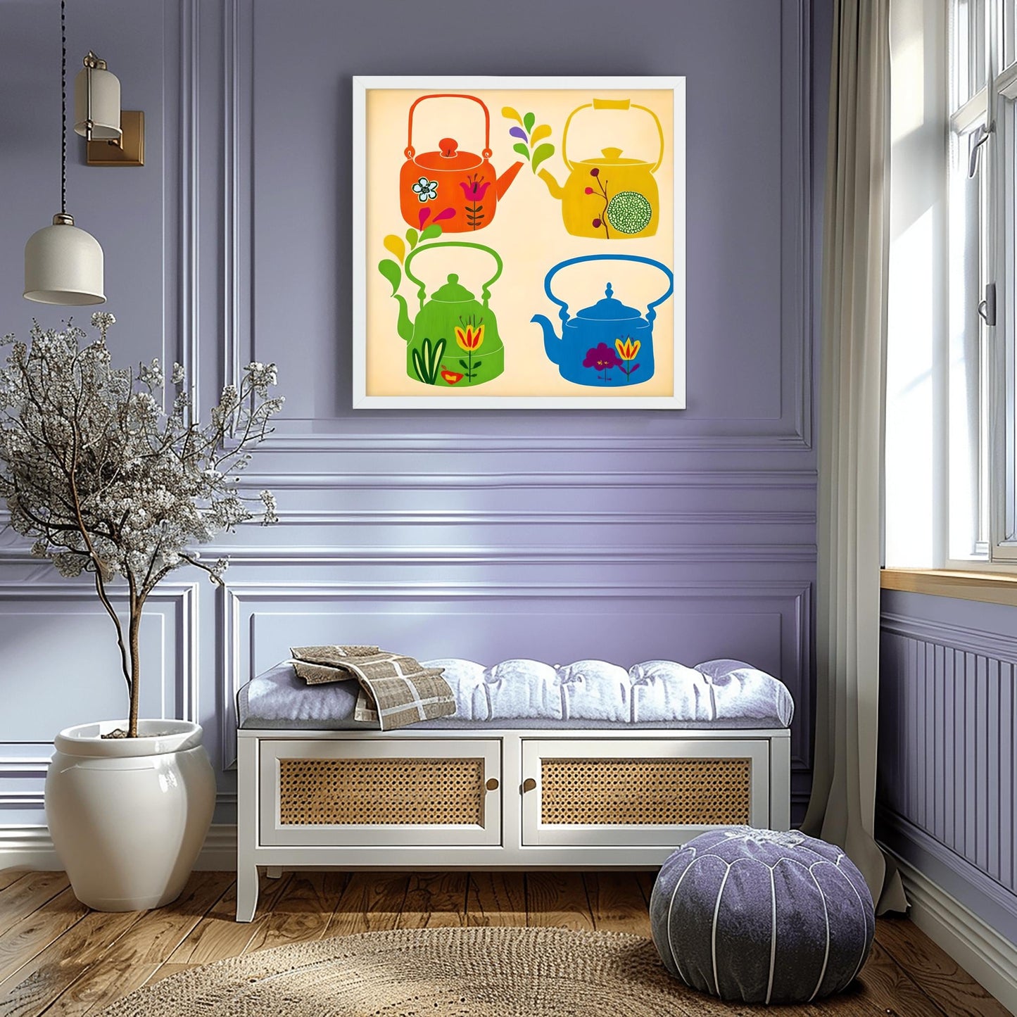 Whimsical Teapot Art Print: Retro Kitchen Folk Art Poster
