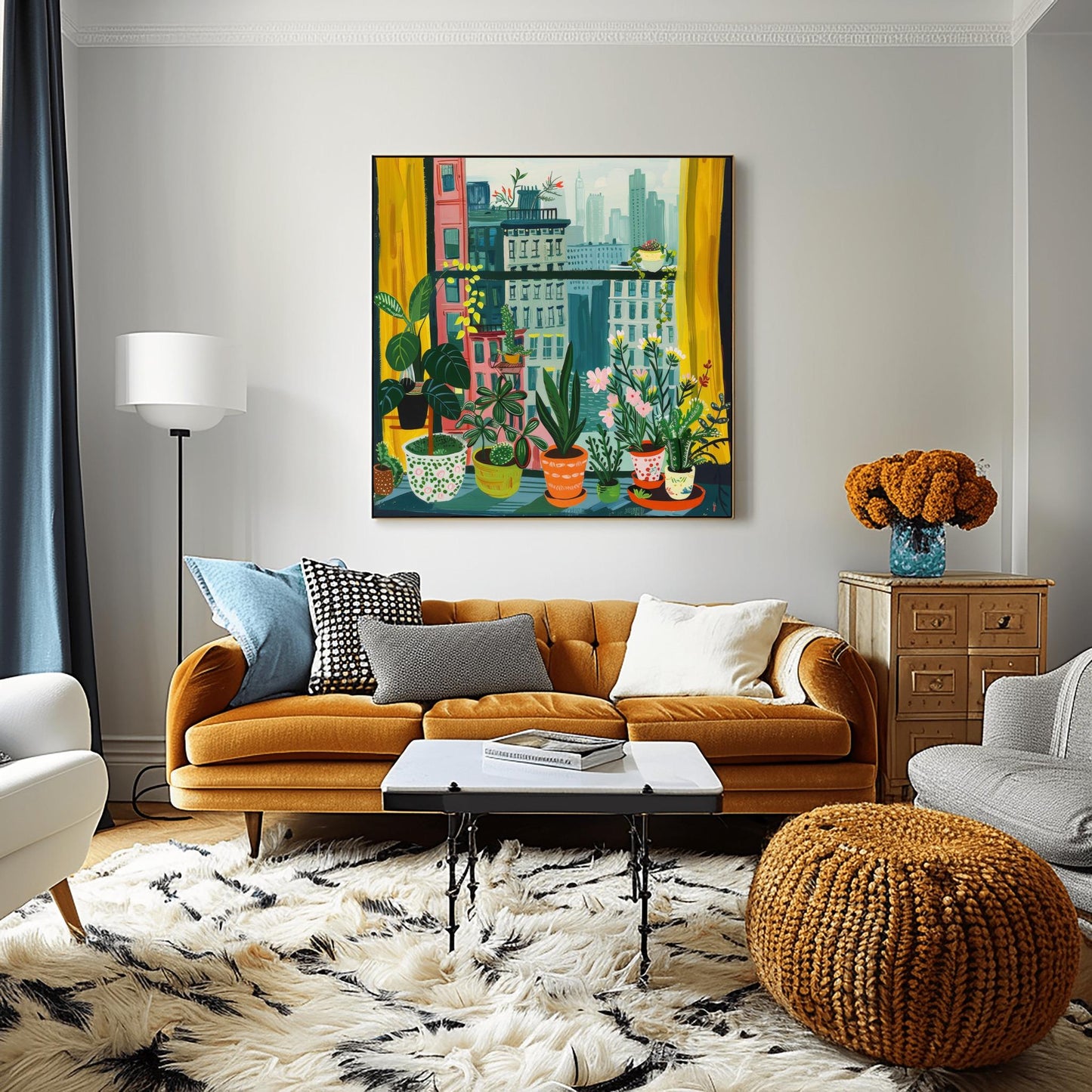 Urban Jungle Cityscape Print, Cozy Apartment Window View, New York with Plants Wall Art