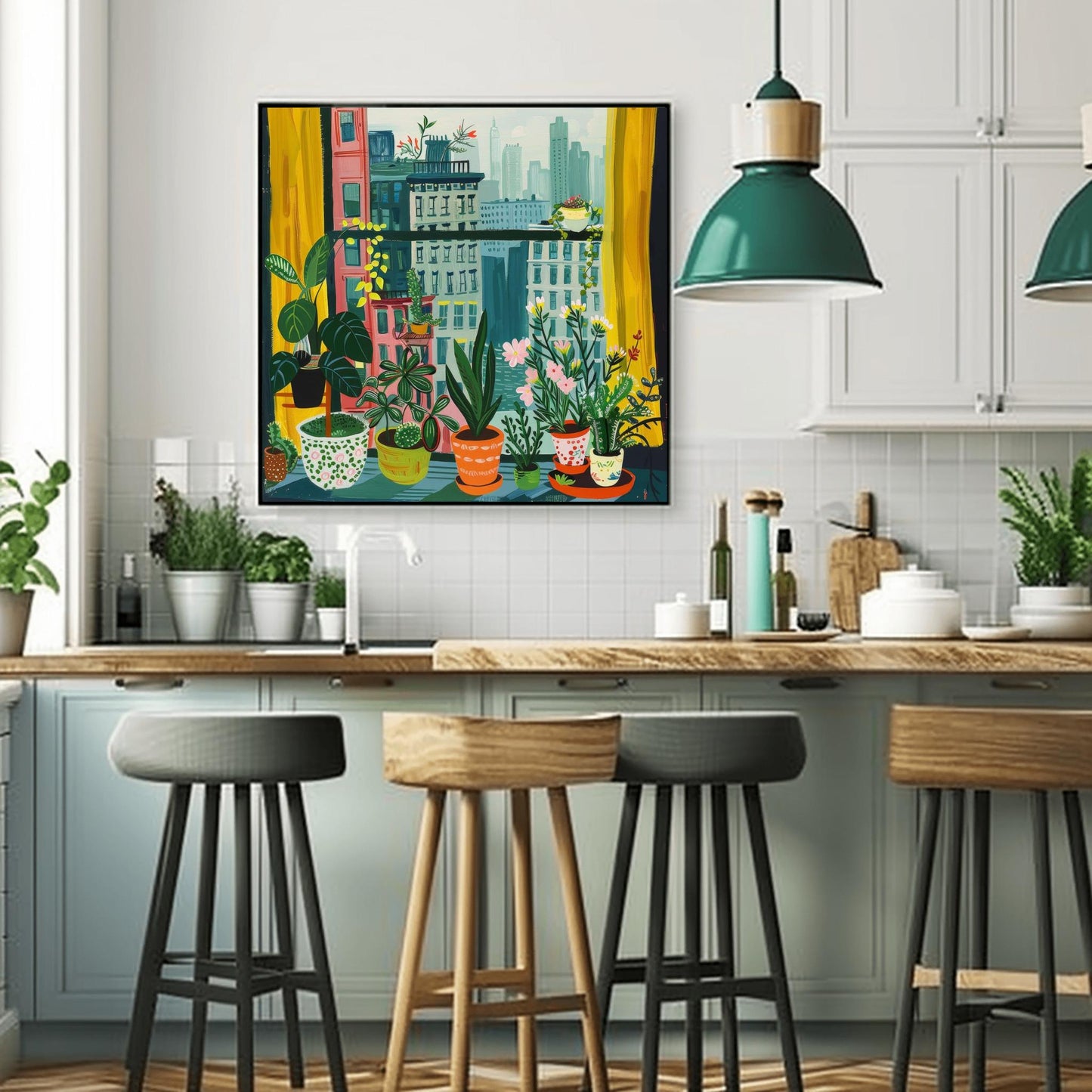 Urban Jungle Cityscape Print, Cozy Apartment Window View, New York with Plants Wall Art