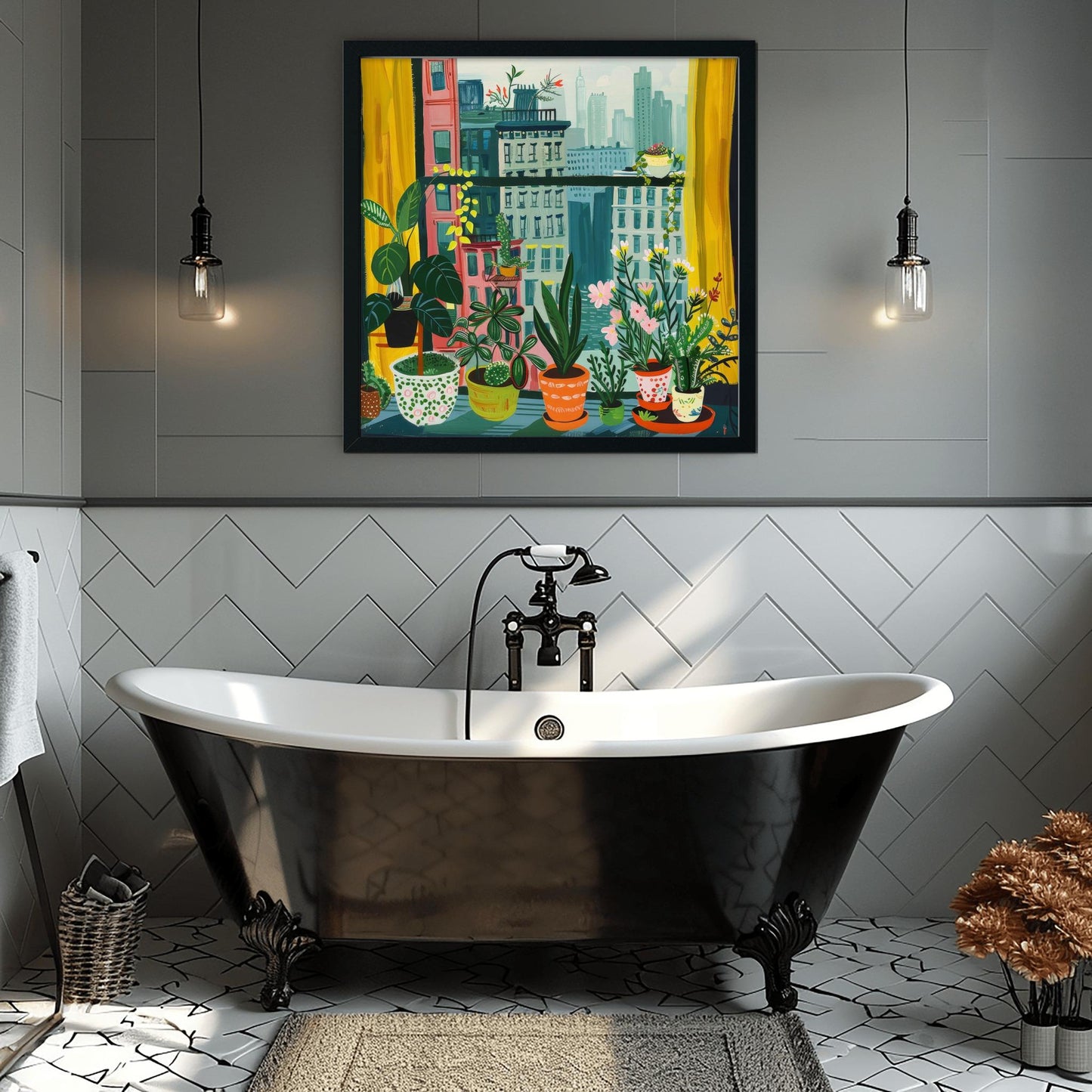 Urban Jungle Cityscape Print, Cozy Apartment Window View, New York with Plants Wall Art