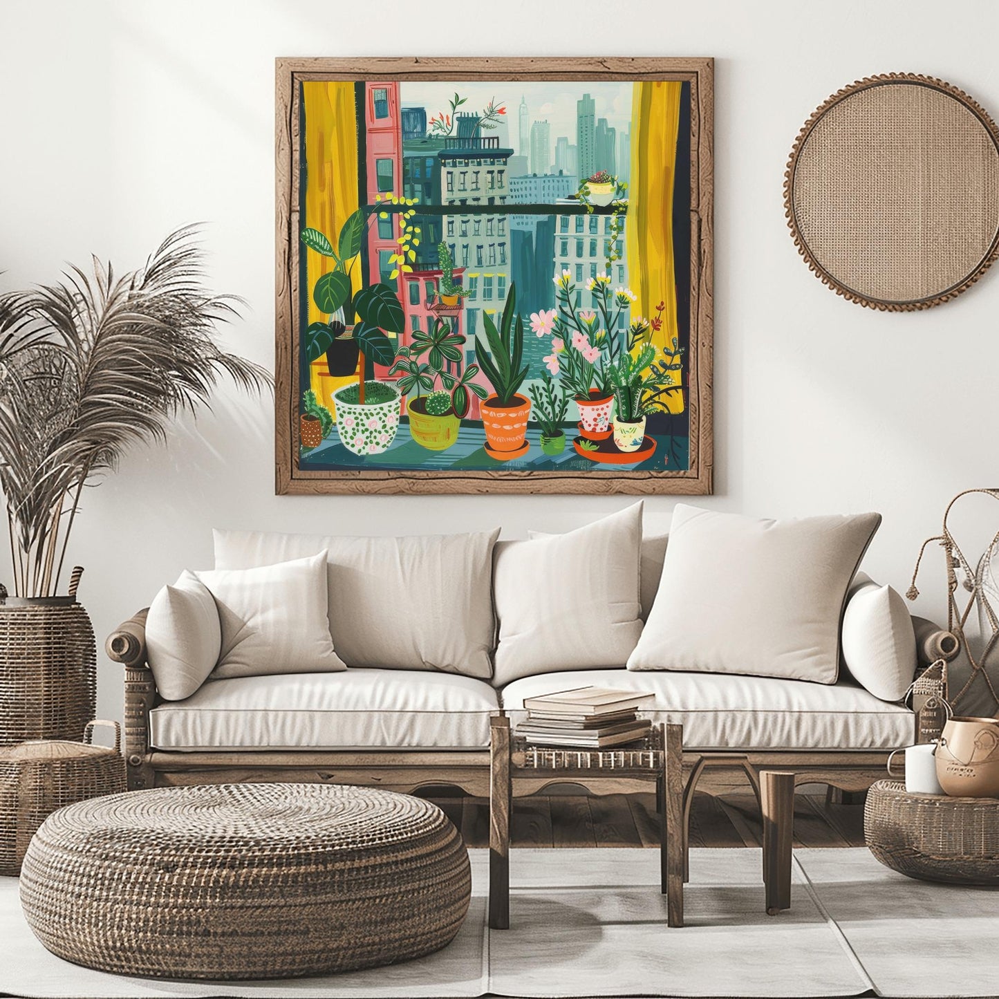 Urban Jungle Cityscape Print, Cozy Apartment Window View, New York with Plants Wall Art