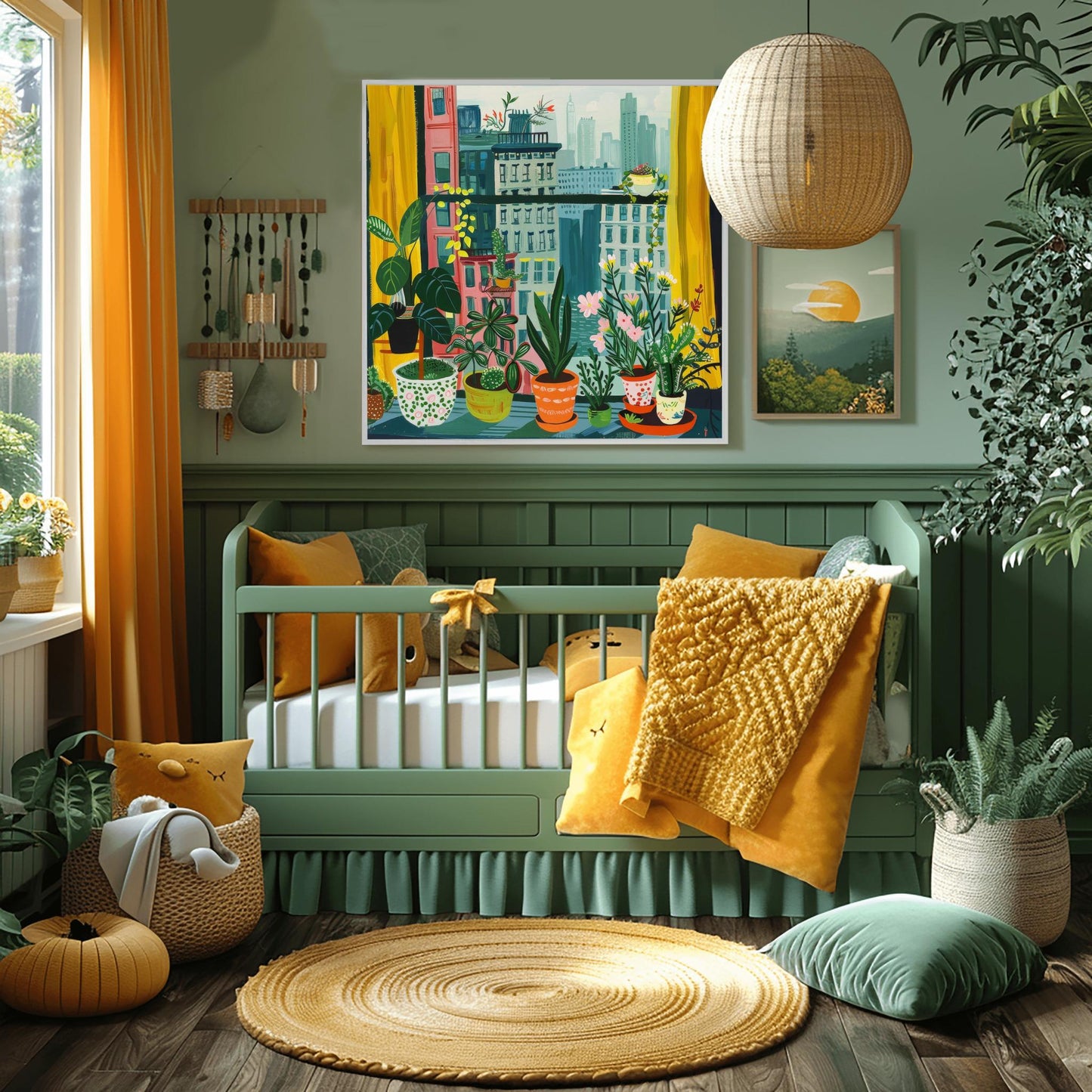 Urban Jungle Cityscape Print, Cozy Apartment Window View, New York with Plants Wall Art